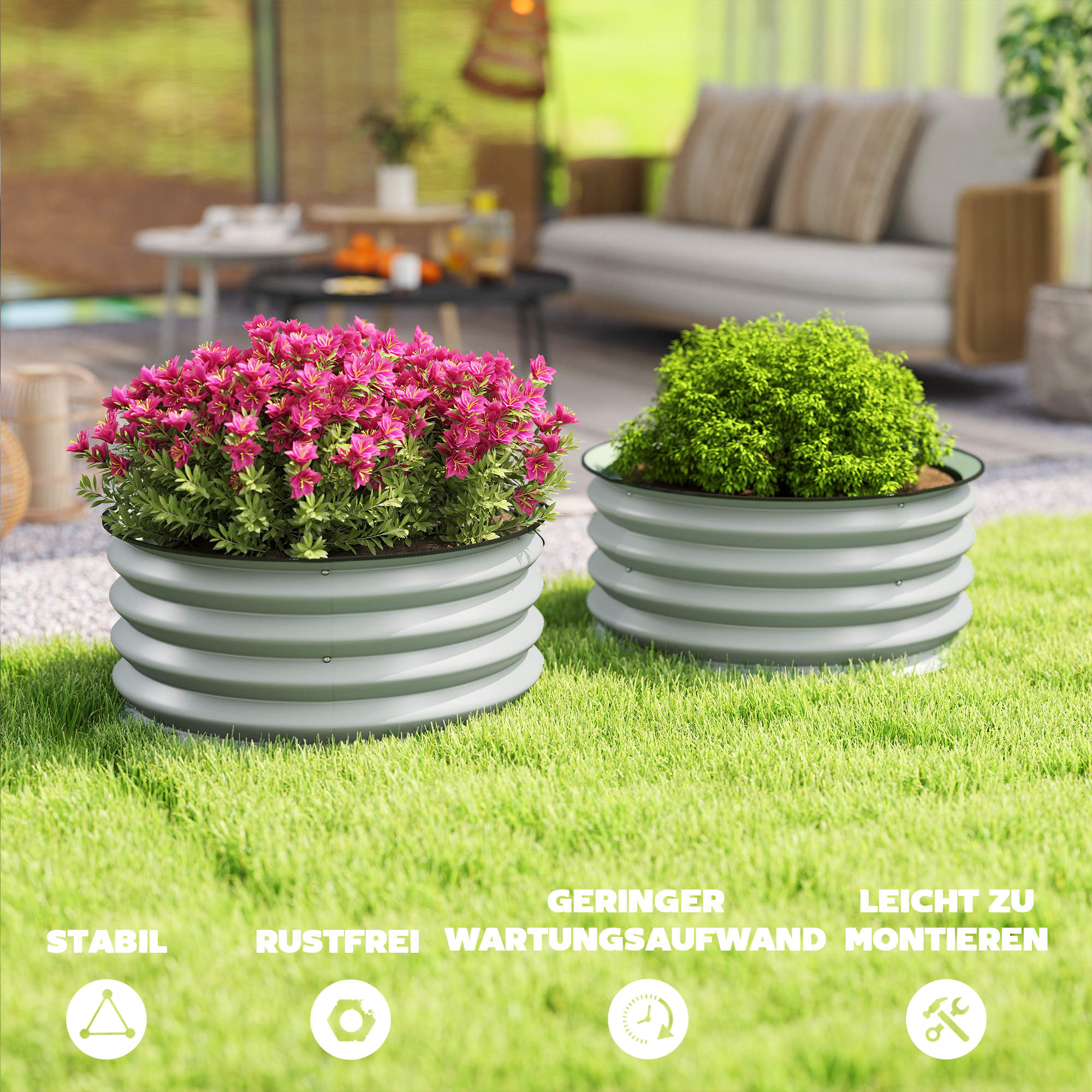 2er-Set Verzinkte Pflanzkübel, Ø60 x 30H cm Blumentöpfe mit offenem Boden für verschiedene Pflanzen, Grün