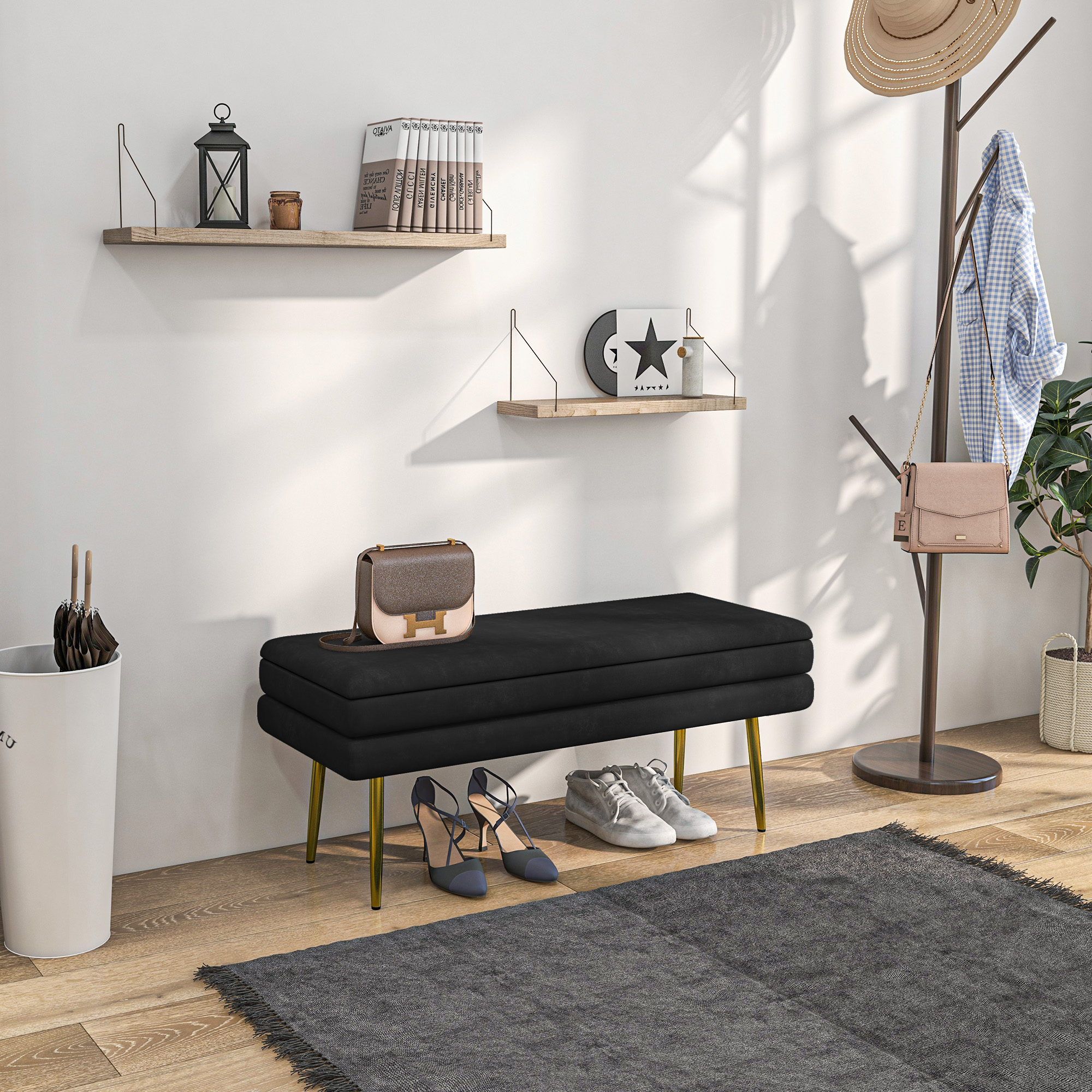 Sitzbank Polsterbank, mit Stauraum, Stahl, 100 cm x 37,5 cm x 42 cm, Schwarz