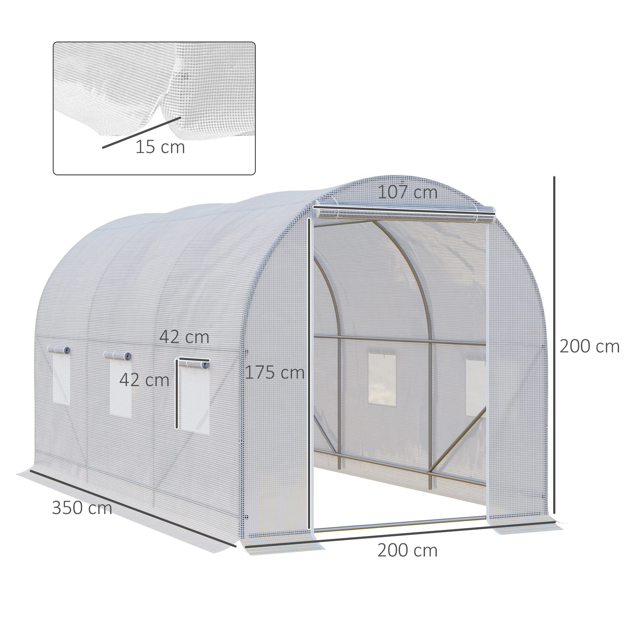 Gewächshaus 350x200x200cm Foliengewächshaus Tomatenhaus mit Tür, Fenster, Folientunnel aus verzinktem Stahl, Pflanztunnel, Treibhaus inkl. Erdanker Seilen, Gartentunnel, Weiß