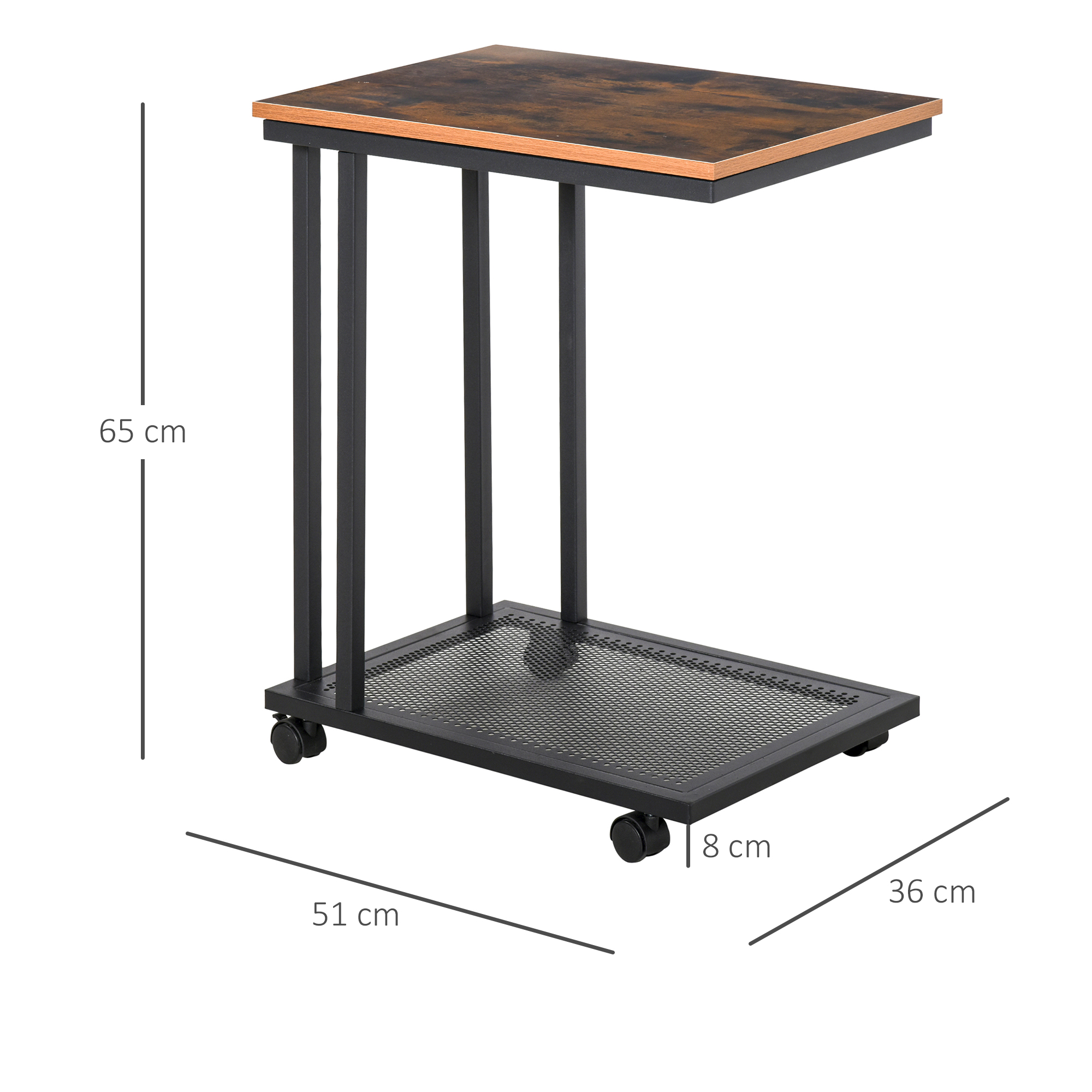 Beistelltisch C-Form Rollwagen Servierwagen Laptoptisch Sofatisch Beistelltisch Nachttisch Betttisch mit Metallgestell Industrie-Design Nachttisch Schwarz + Walnuss gemasert 51 x 36 x 65 cm