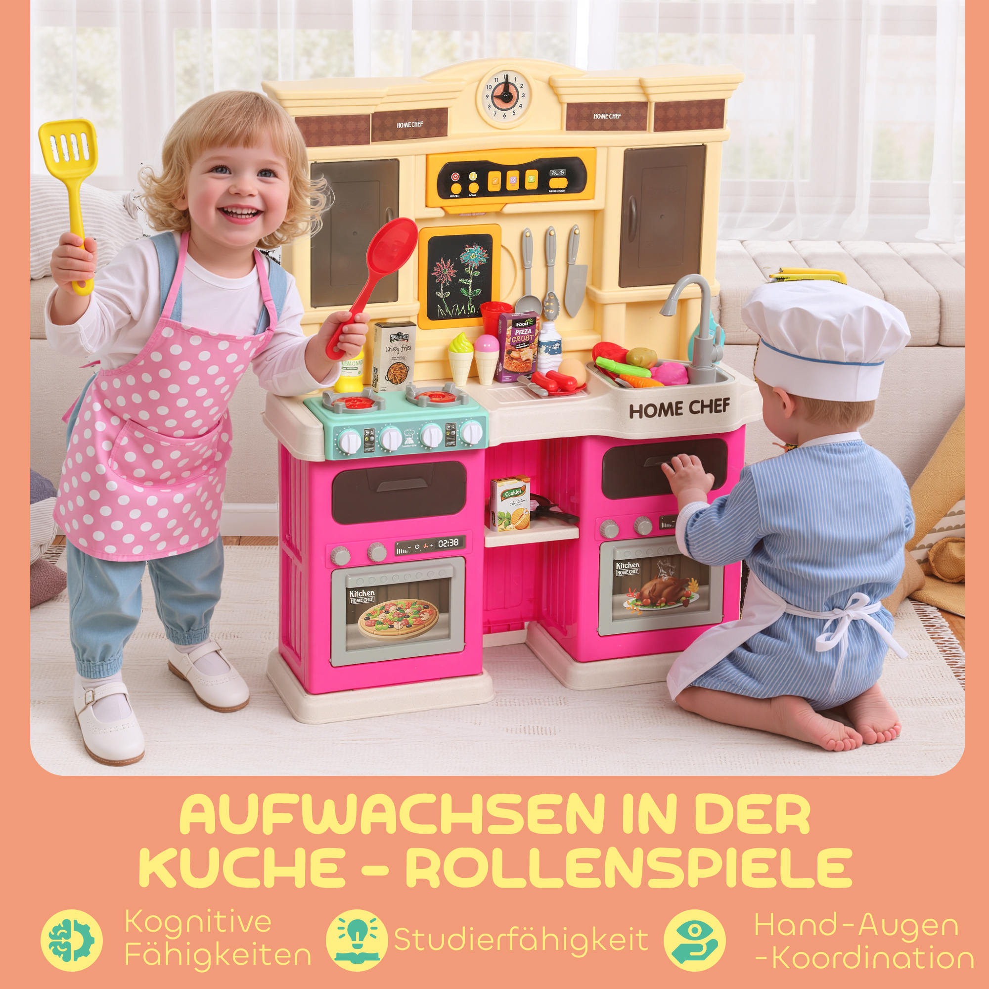 Spielküche mit fließendem Wasser, 85-teiliges Zubehör, elektrischer Wasserhahn, Lichter, Geräusche, für Kinder von 3-6