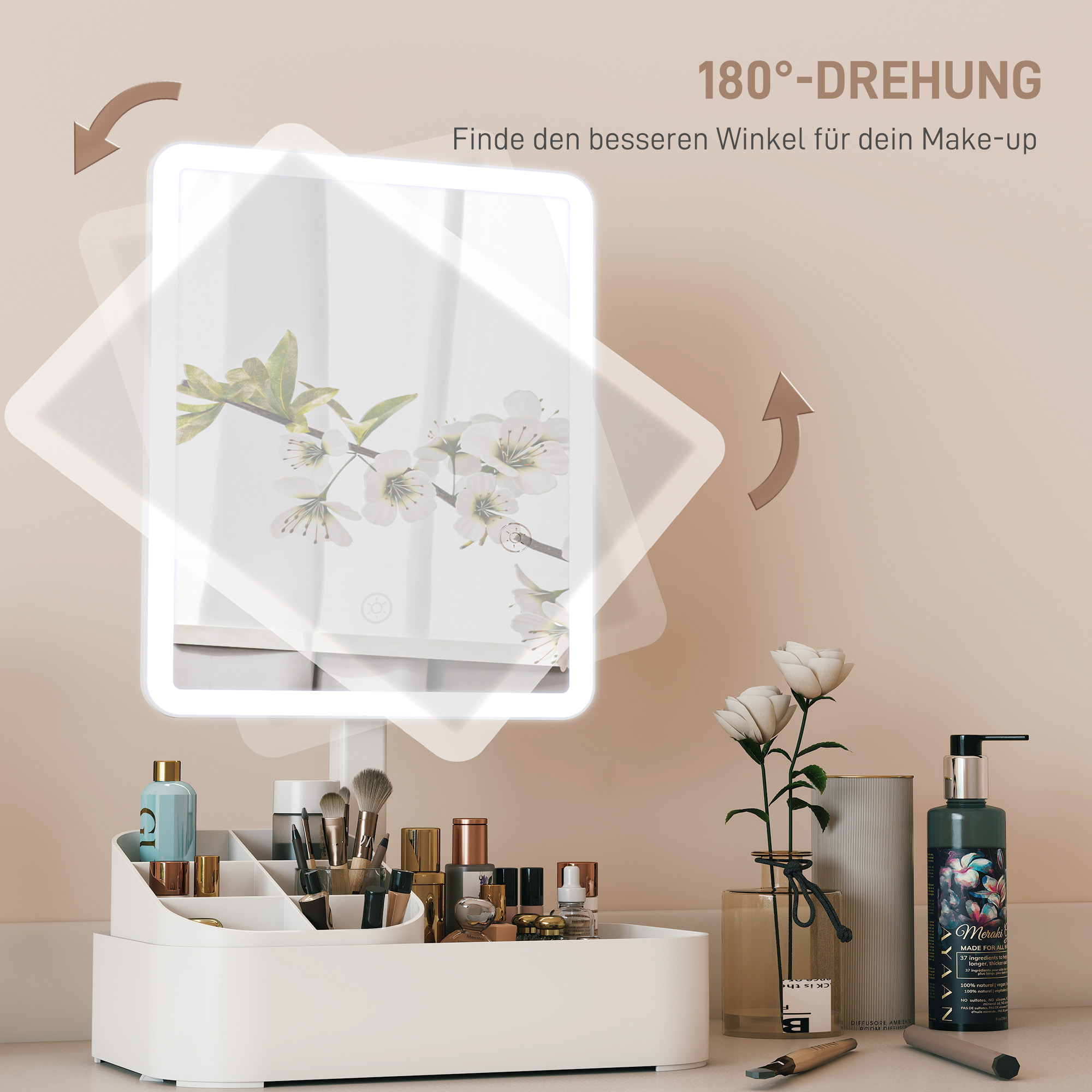 Schminkspiegel mit Beleuchtung wiederaufladbar 180°Drehbar LED Kosmetikspiegel mit 2 Beleuchtungsmodi, Weiß