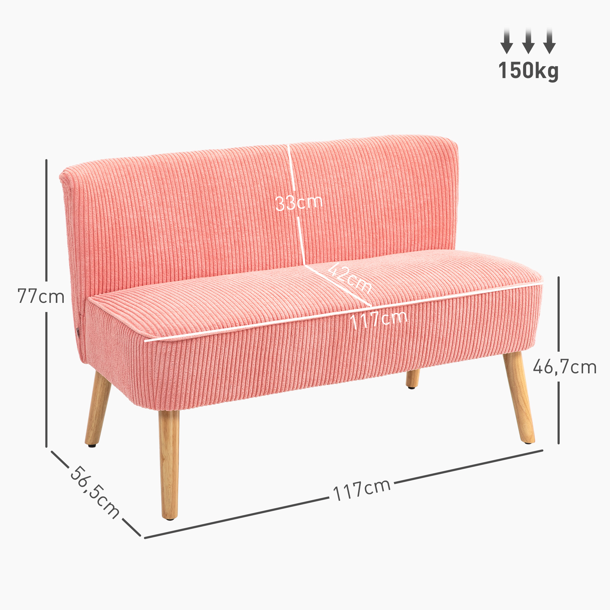 Zweisitzer-Sofa, elegantes Skandi Design, massiver Holzrahmen, bis 150 kg, 117 x 56,5 x 77 cm, Rosa