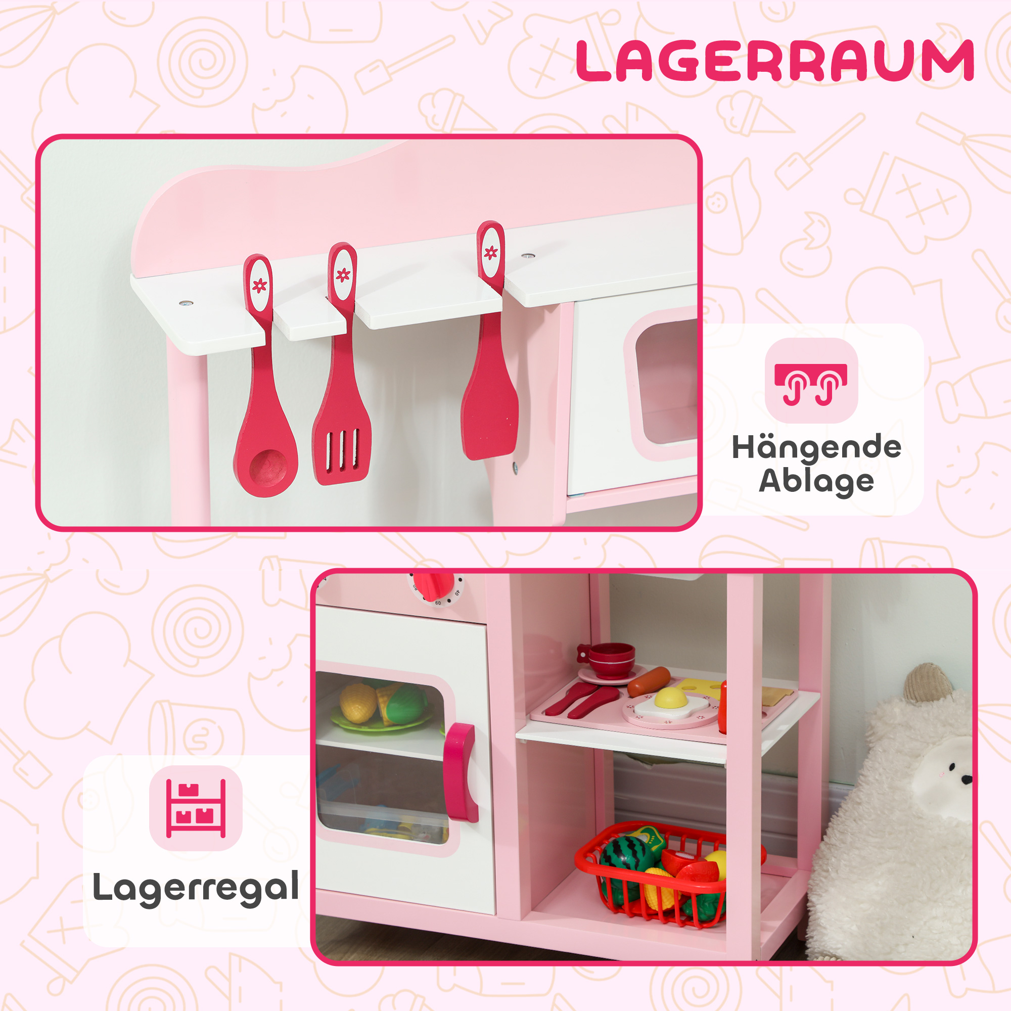 Kinderküche zum Spielen, Zubehör aus Holz, Küchengeräte, kompakt, Geräusche, Rosa