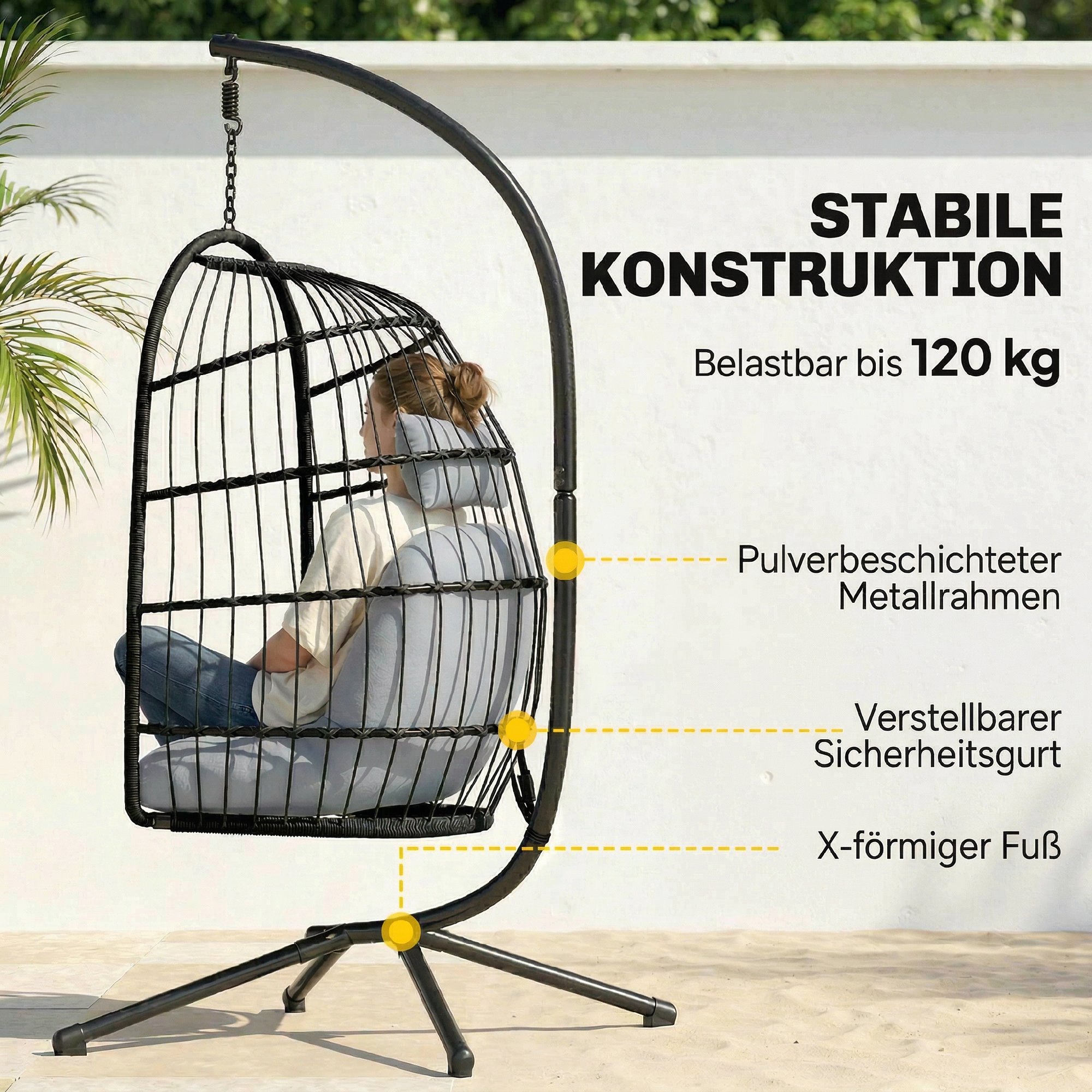 Hängesessel mit Gestell faltbar Polyrattan Hängekorb mit Kissen Sicherheitsgurt Kopfstütze Bänder, höhenverstellbar