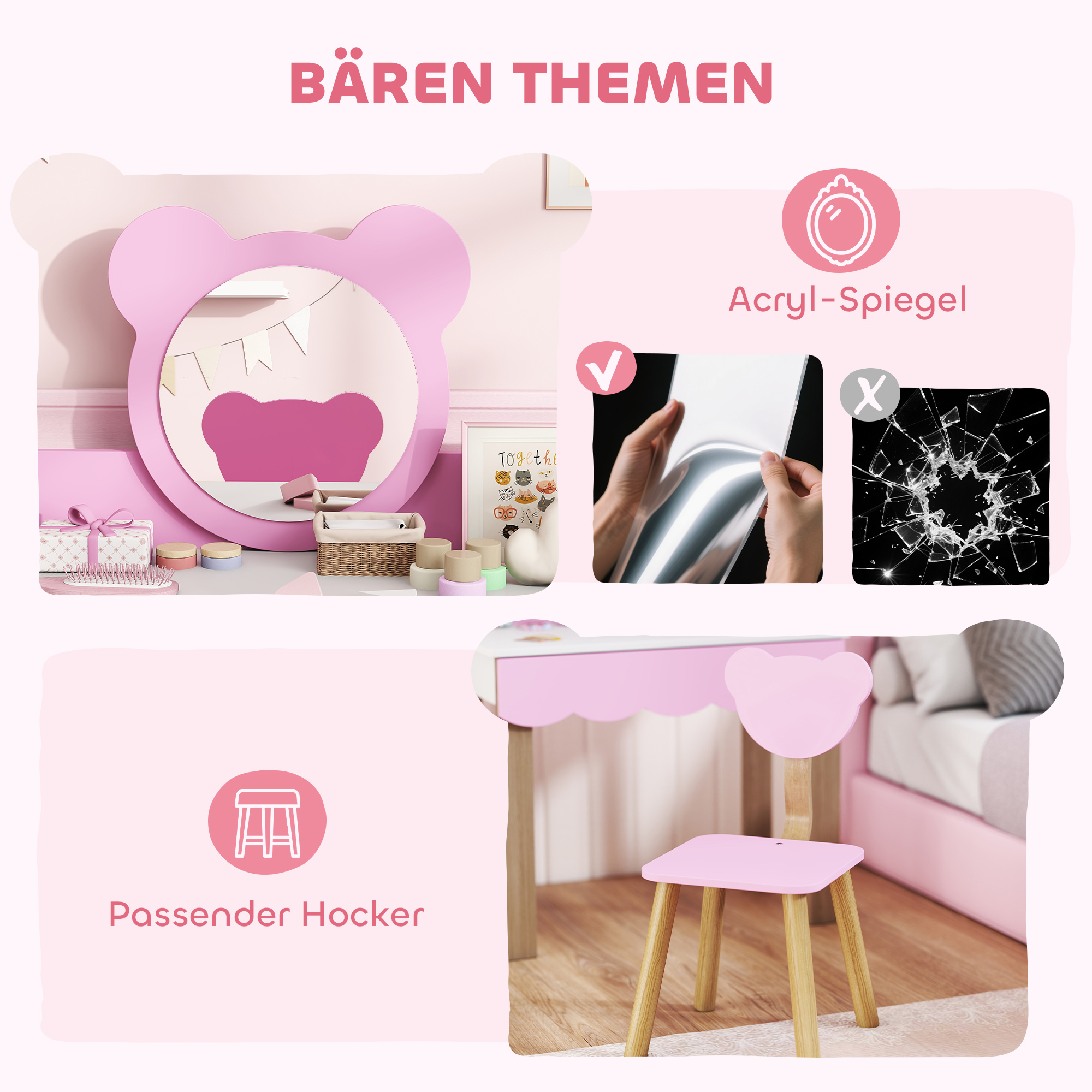 Frisiertisch-Set mit Hocker für Kinder, Schminkspiegel, Bärchenform, Schublade, MDF, Rosa