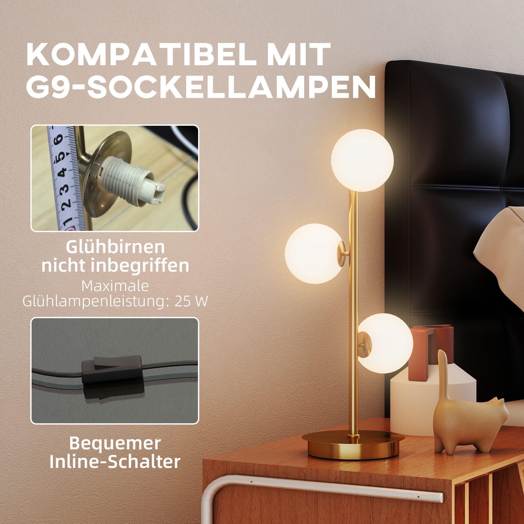 Tischlampe Tischleuchte mit 3 Kugelschirmen, mit stabilem Stahlfuß, G9-Fassungen, 24 x 24 x 53 cm, Messing