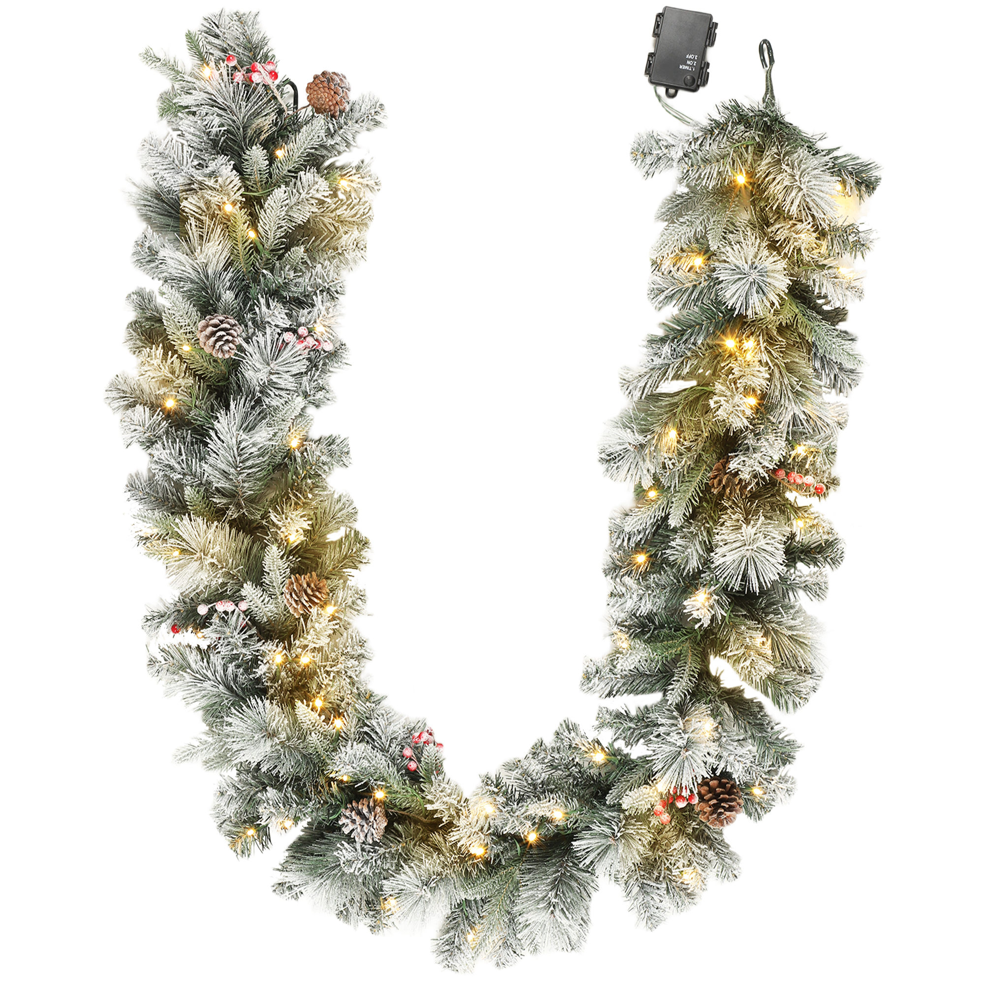 Weihnachtsgirlande mit 216 Schneebestäubten Zweigen, 50 LED-Lichtern, Ø25x180 cm, Grün & Weiß