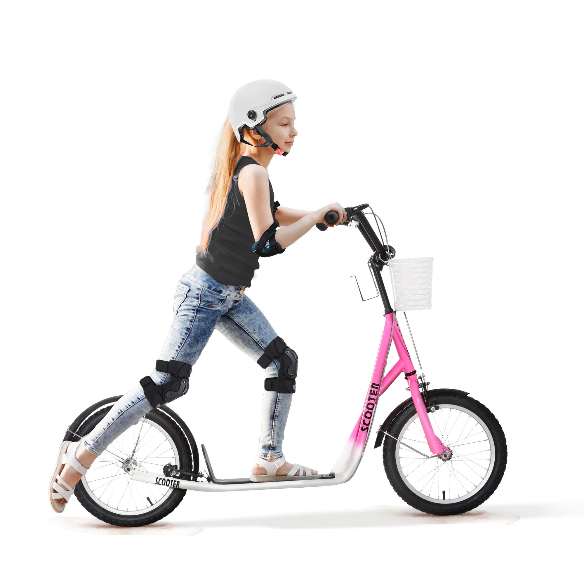 Kinderroller Tretroller mit Bremse, inkl. Korb, höhenverstellbar, für Kinder von 5 bis 12 Jahren, Weiß + Pink
