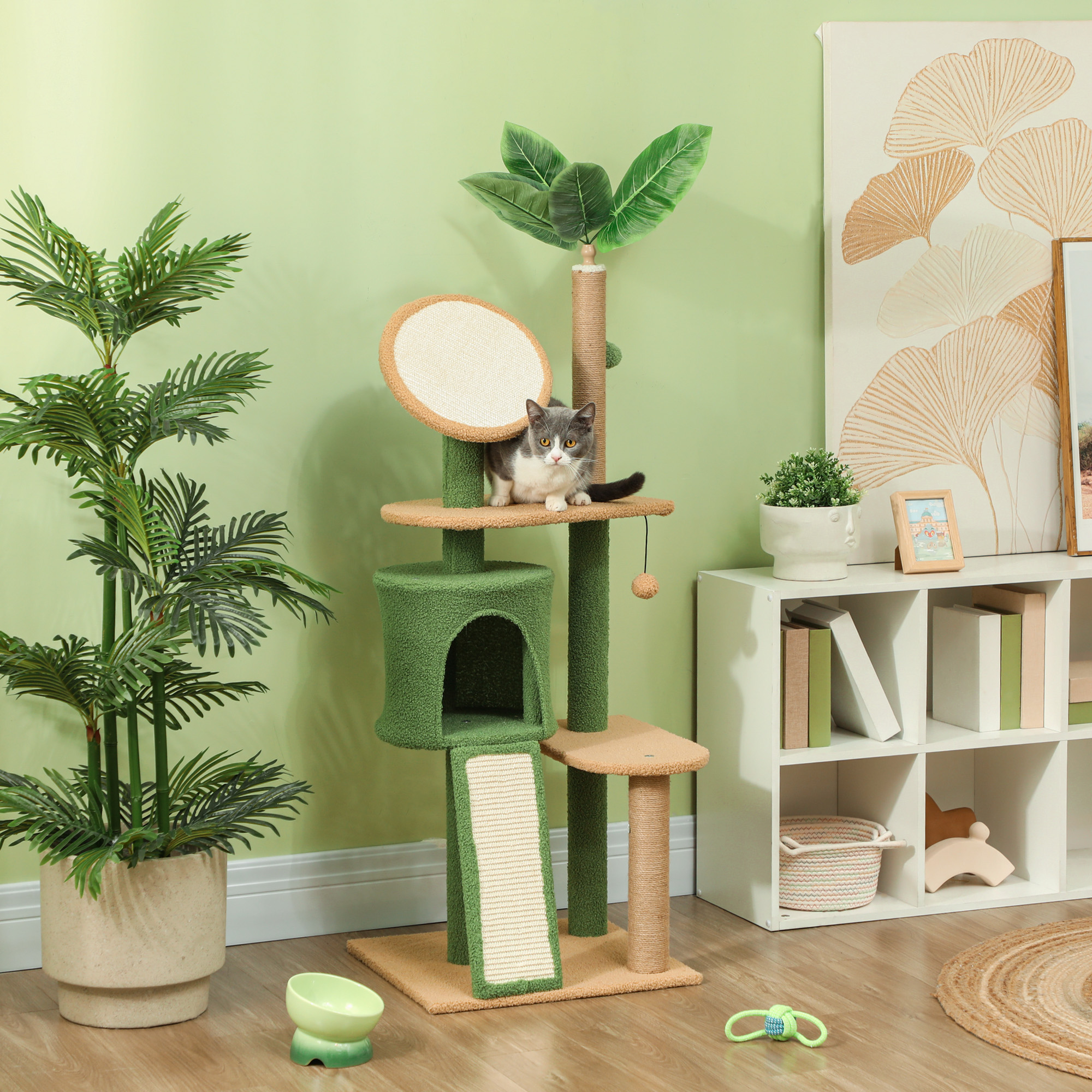 Kratzbaum, 139 cm Katzenbaum mit Höhle, Spielbällen, Sisal-Kratzpfosten und Plattformen, für zwei Katzen, Grün