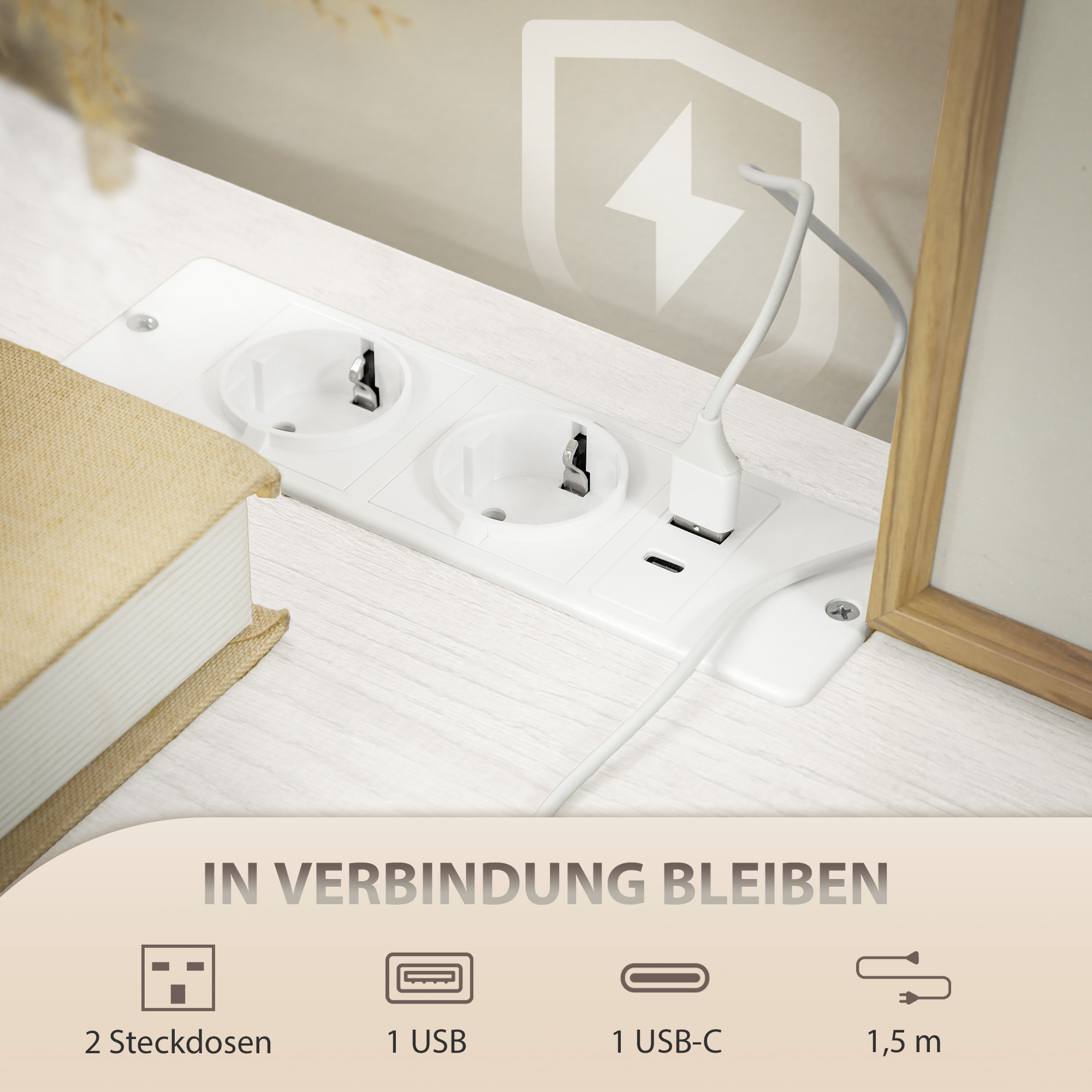 Kommode, Aufbewahrungsschrank mit 8 Schubladen aus Stoff, Steckdosenleiste, Stahlrahmen, Schubladenschrank für Flur, Schlafzimmer, Wohnzimmer und Büro, Cremeweiß