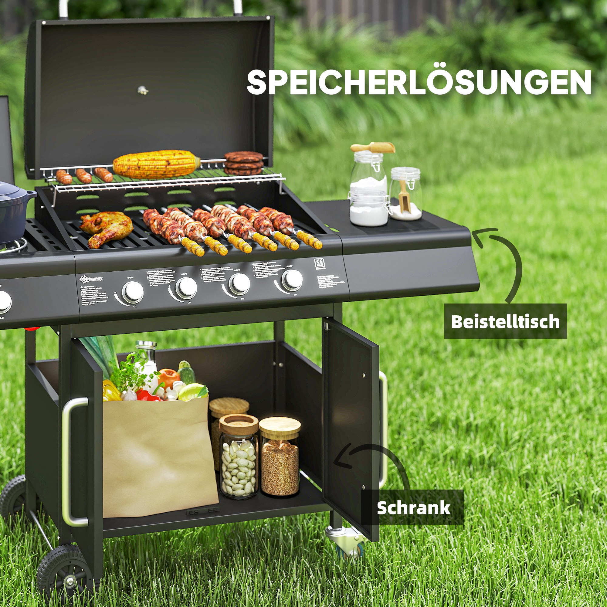 Gasgrill 15,2 KW Grillwagen inkl 5 Edelstahl-Brenner Rolle Seitenkocher 129,5 x 56 x 110 cm Schwarz