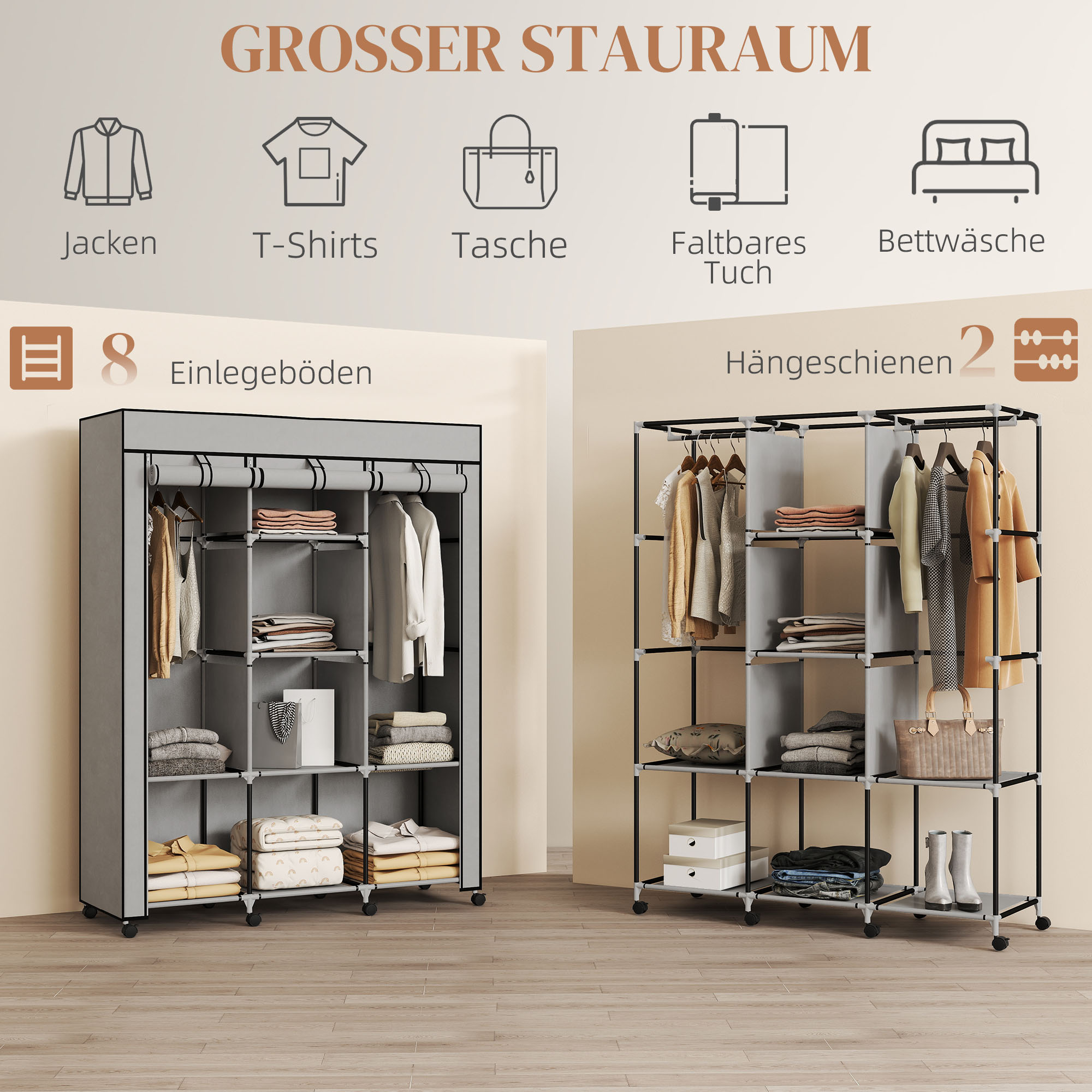 Schrank aus Stoff, Aufbewahrungslösung, 8 Regale, 2 Kleiderstangen, Grau
