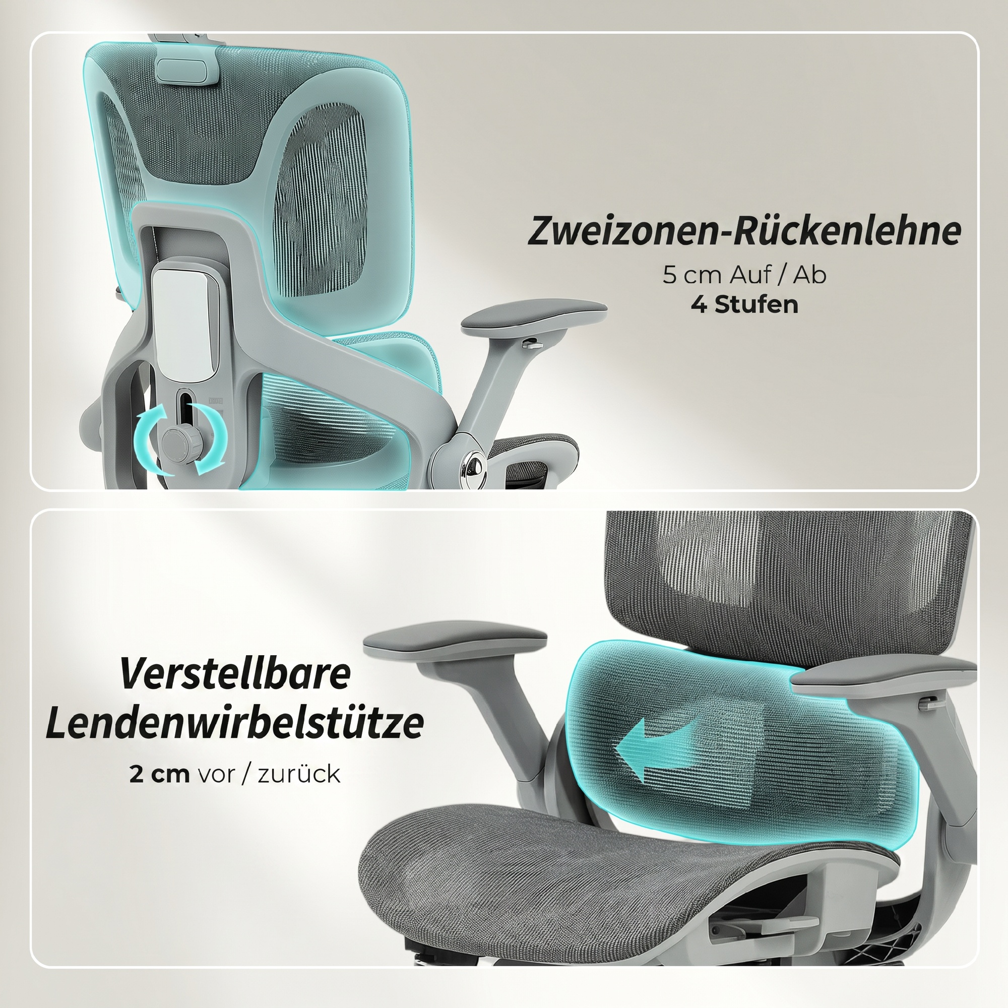 Ergonomischer Bürostuhl, Mesh-Computersessel mit separatem Rücken, Lendenstütze, 4D klappbare Armlehnen, Grau