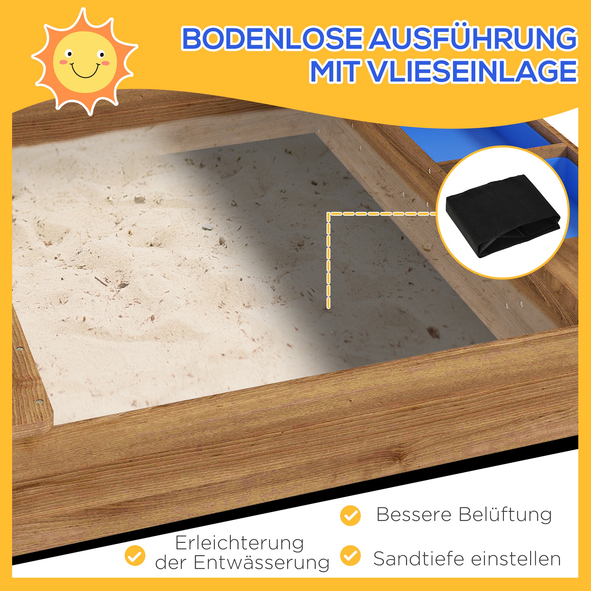 Sandkasten mit Sonnenschutz, Spielhaus-Design, mit Spielzeug-Set, behandeltes Massivholz, 124 x 116 x 146 cm, Braun