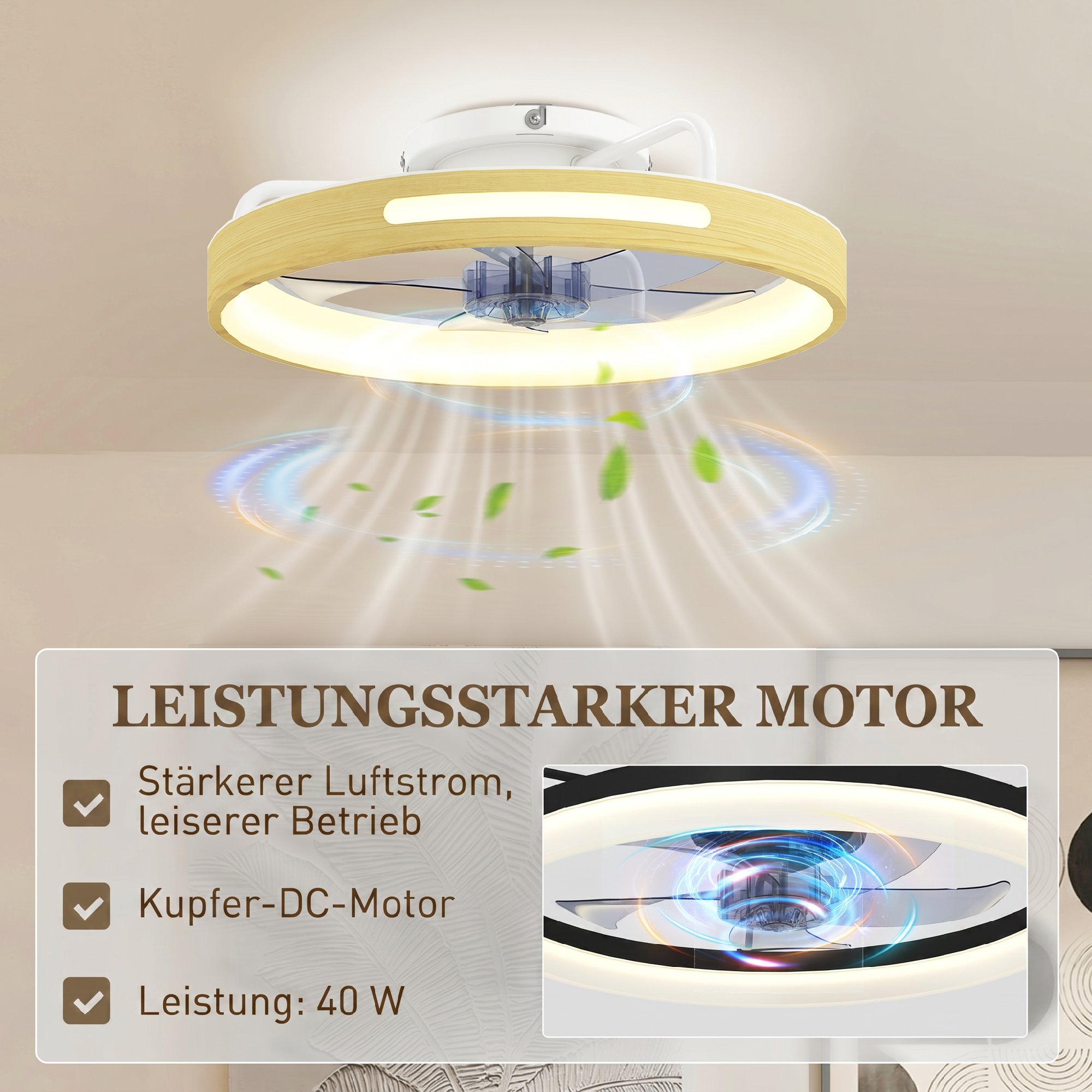Deckenventilator mit Licht und Fernbedienung, 49 cm LED-Deckenventilator mit 3 Farbtemperaturen, natürliches Holzfinish