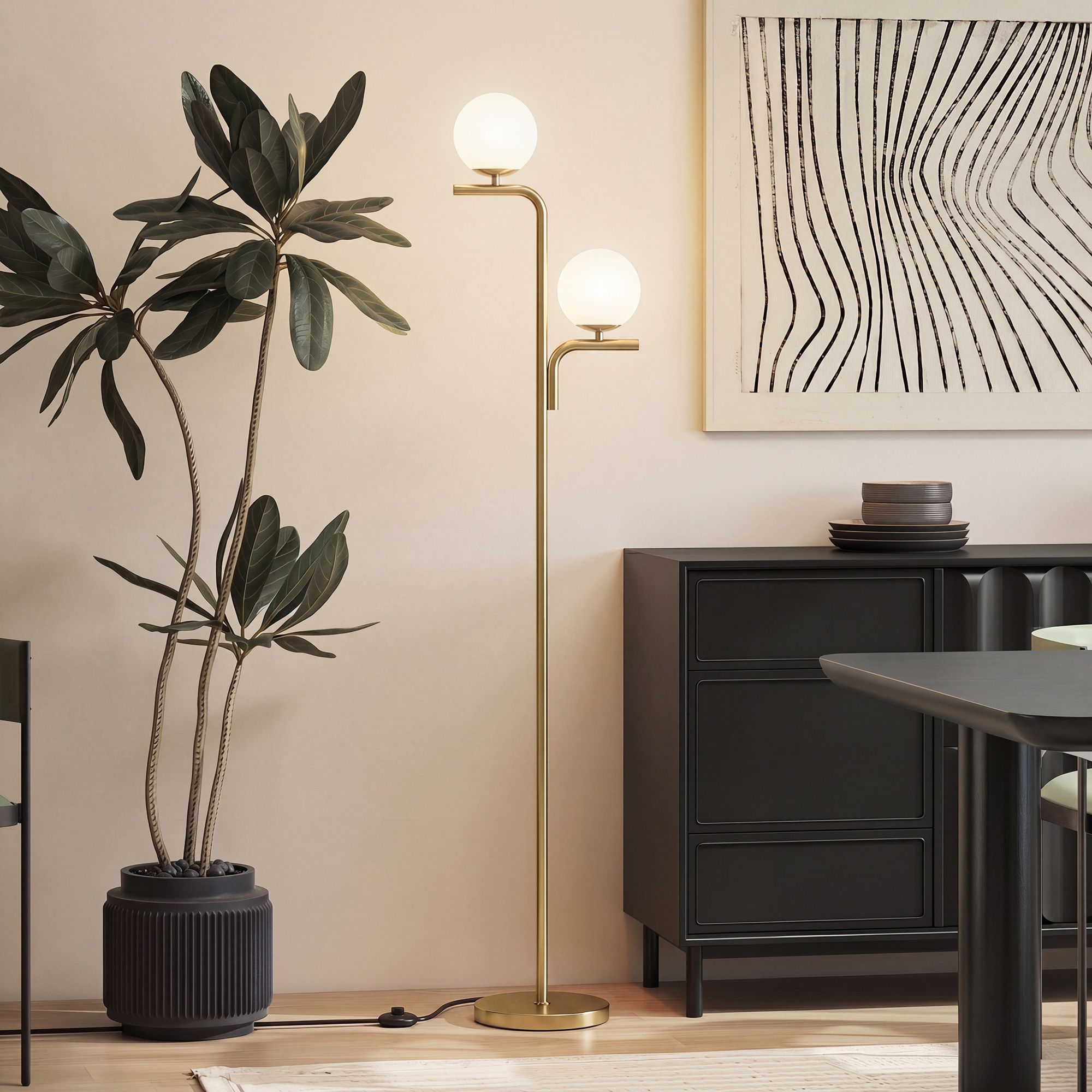 LED-Stehlampe, moderne Lampe mit 3 Farbtemperaturen, Glaskugelschirme und Fußschalter, Gold