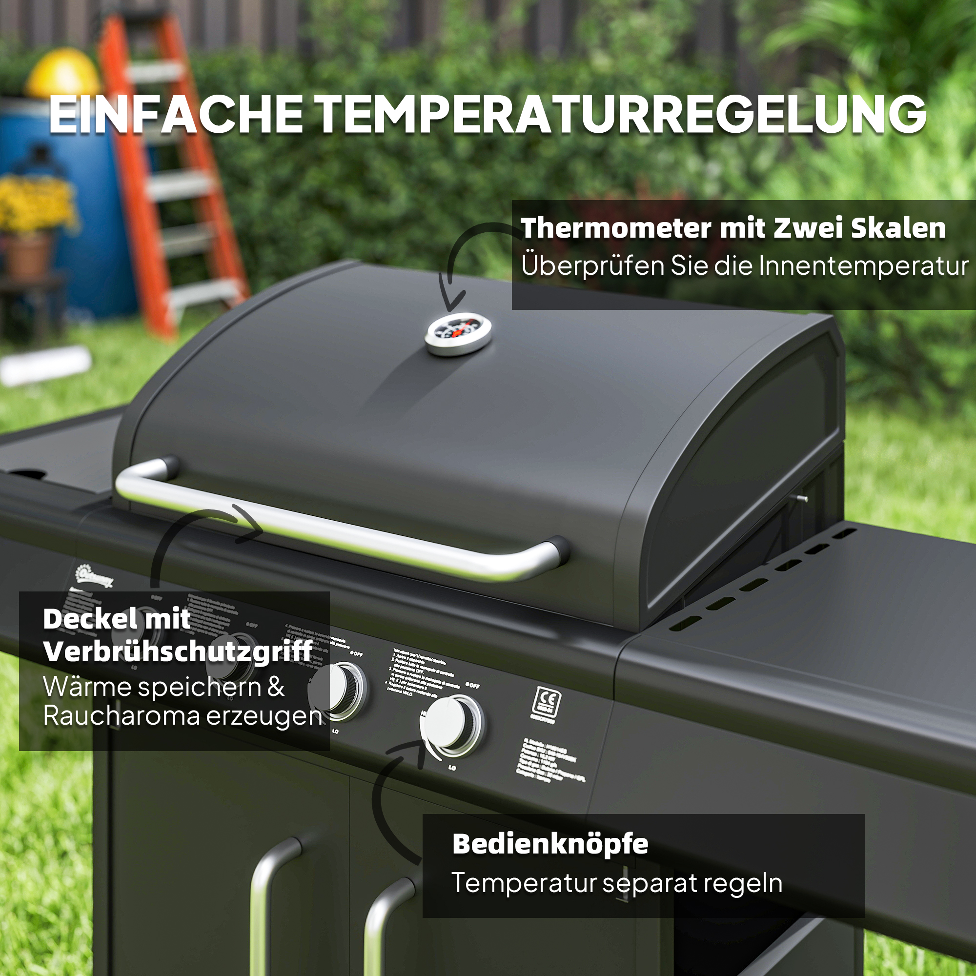 Gasgrill 15,2 KW Grillwagen inkl 5 Edelstahl-Brenner Rolle Seitenkocher 129,5 x 56 x 110 cm Schwarz