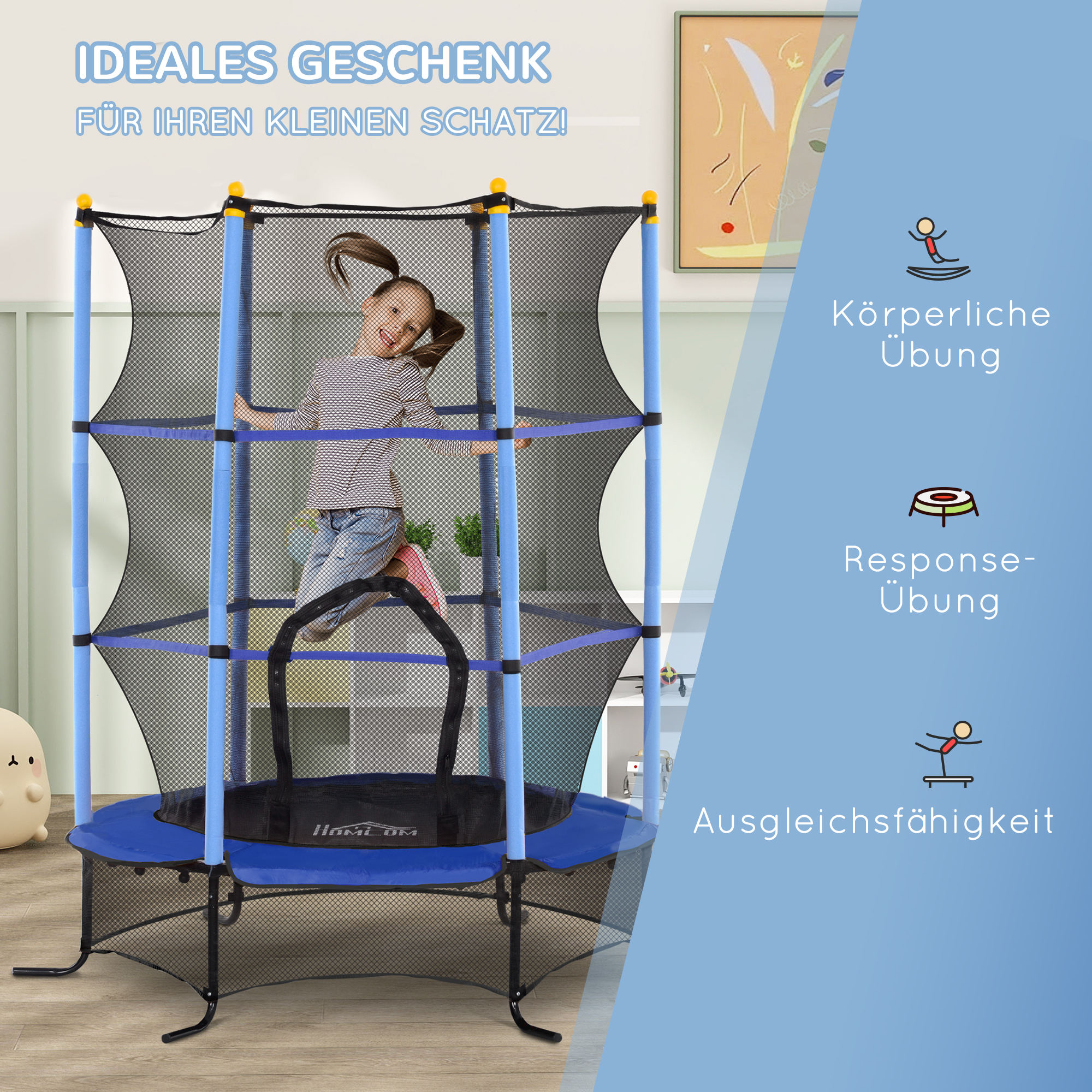 Trampolin für Kinder, Ø163 cm, mit Sicherheitsnetz, In- und Outdoor, Belastung bis 50 kg, Stahl, Kunststoff, Blau