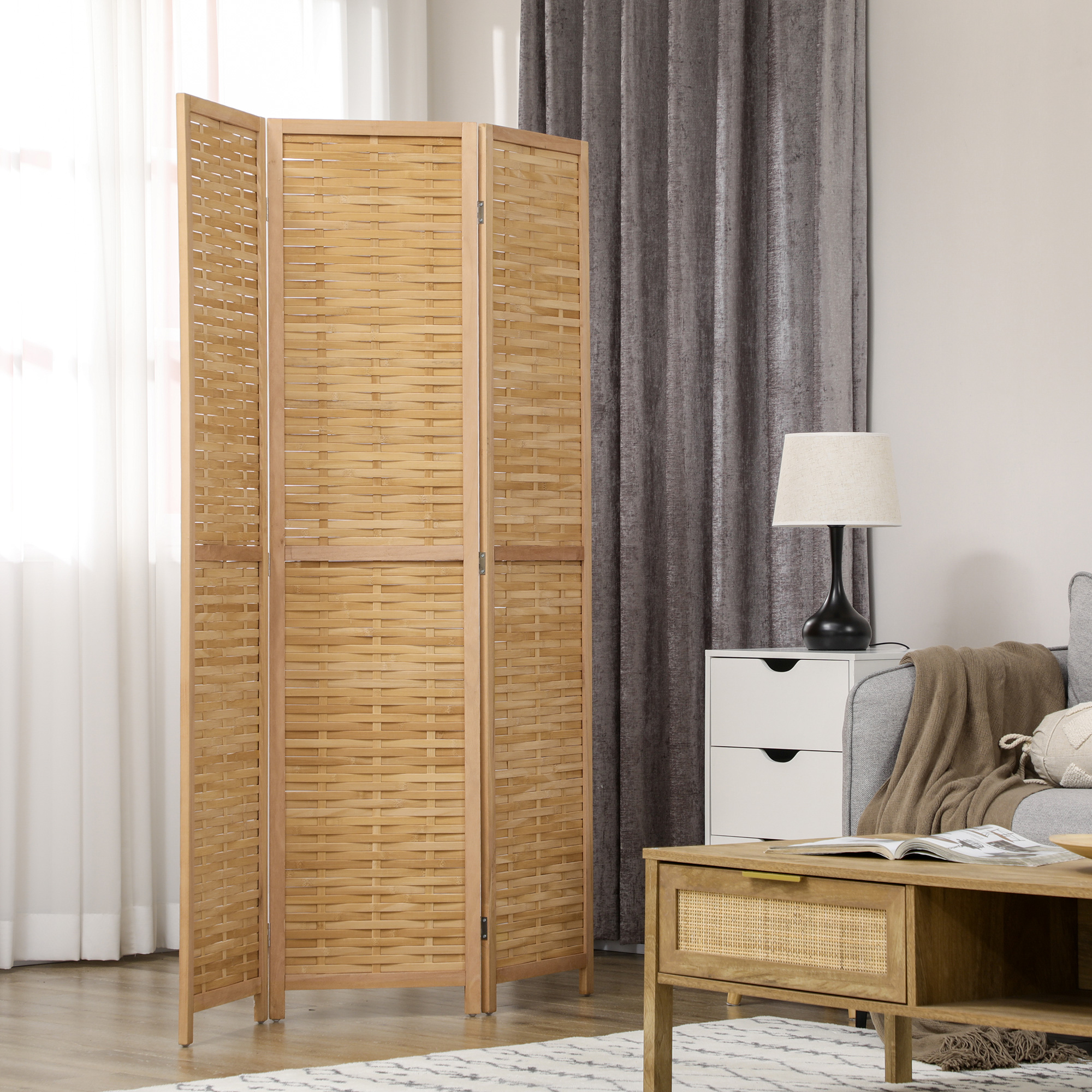 Raumteiler Klappbare Trennwand Sichtschutz, Bambus, 3-teilig, 120 cm x 170 cm x 1,8 cm, Natur