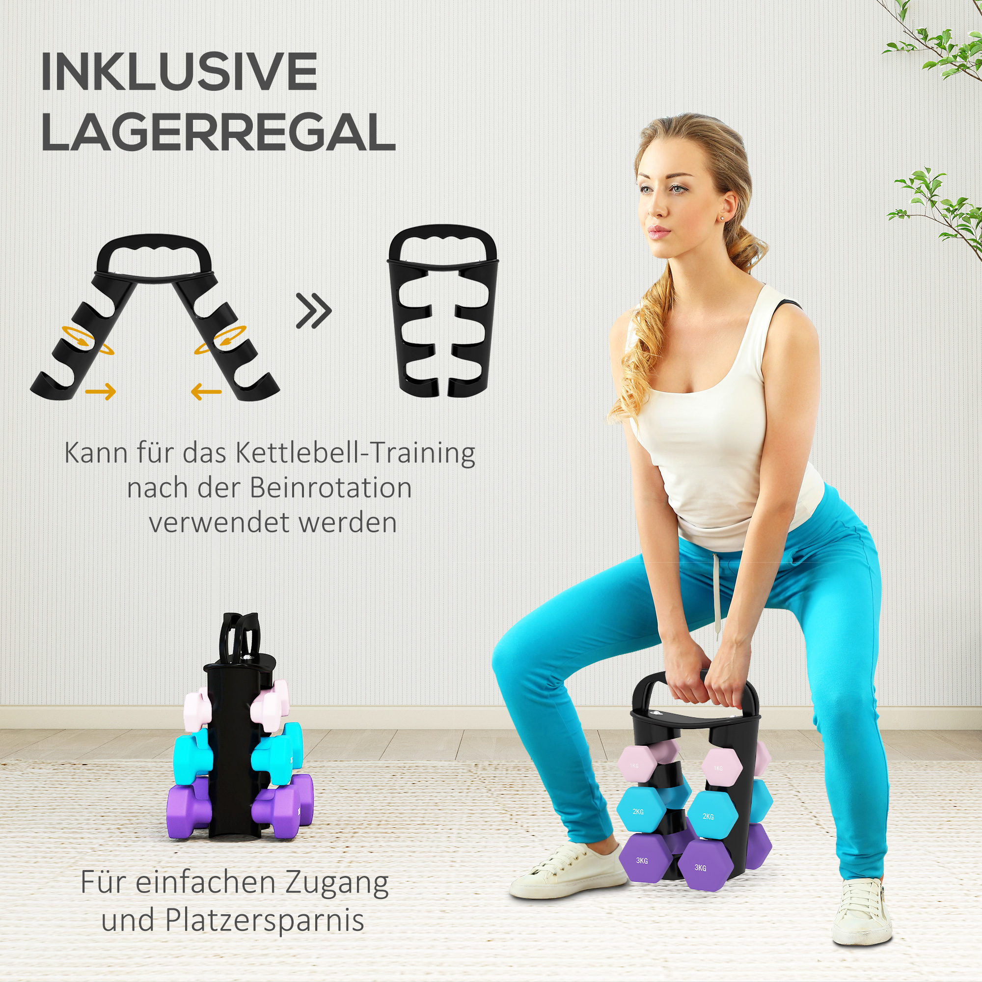 Hantelset mit Aufbewahrungsgestell, Set mit 6 Hanteln für Fitness-Training, 2 x 1kg, 2 x 2kg, 2 x 3kg