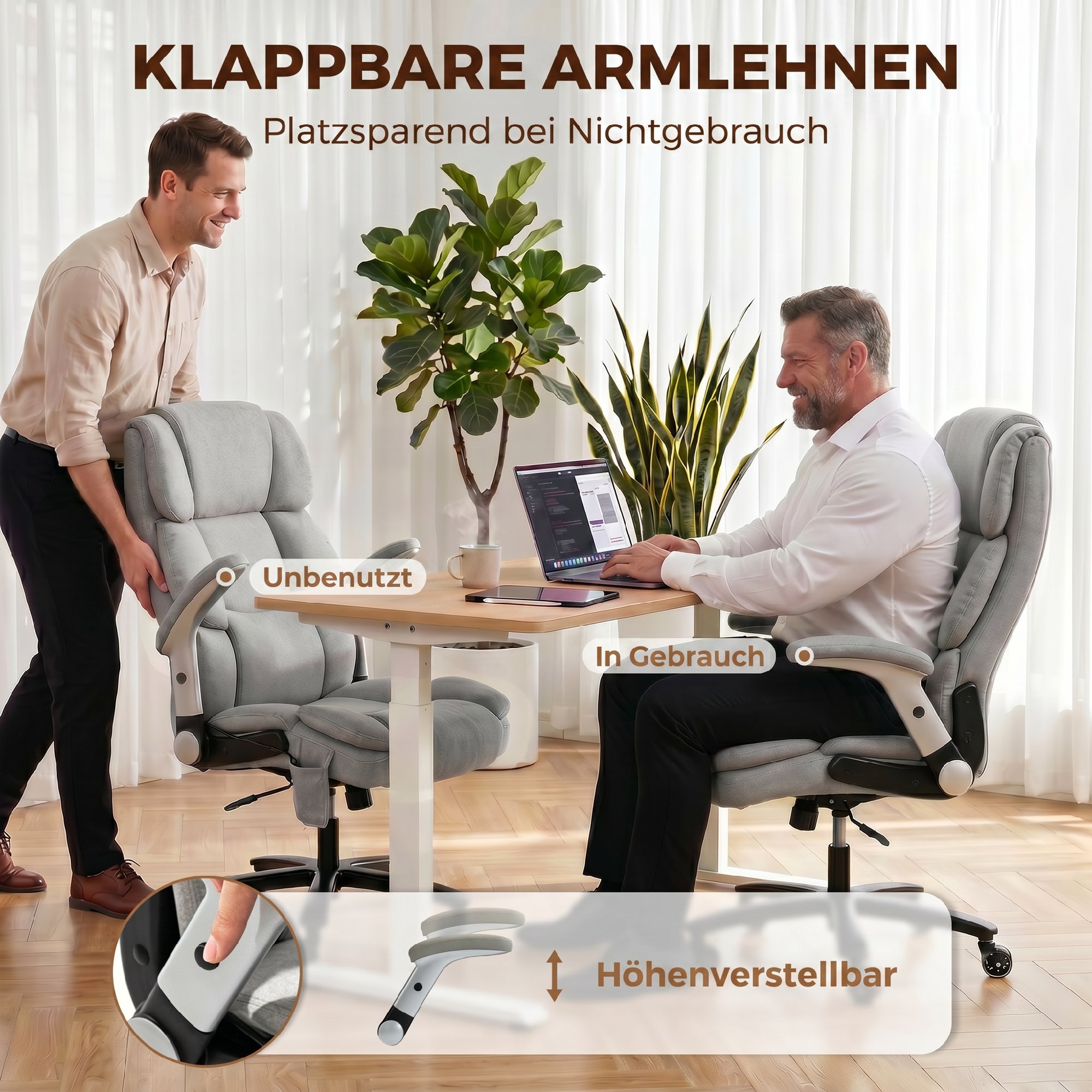 Bürostuhl mit Airbag-Lendenstütze, Schreibtischstuhl mit hochklappbaren Armlehnen, Taschenfedern, Hellgrau