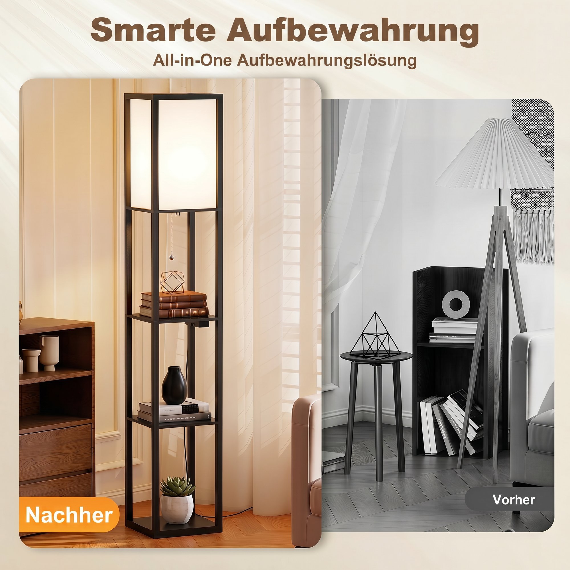 LED Stehlampe mit Ablagen, dimmbar, Kettenschalter & Steckdosen, schwarz