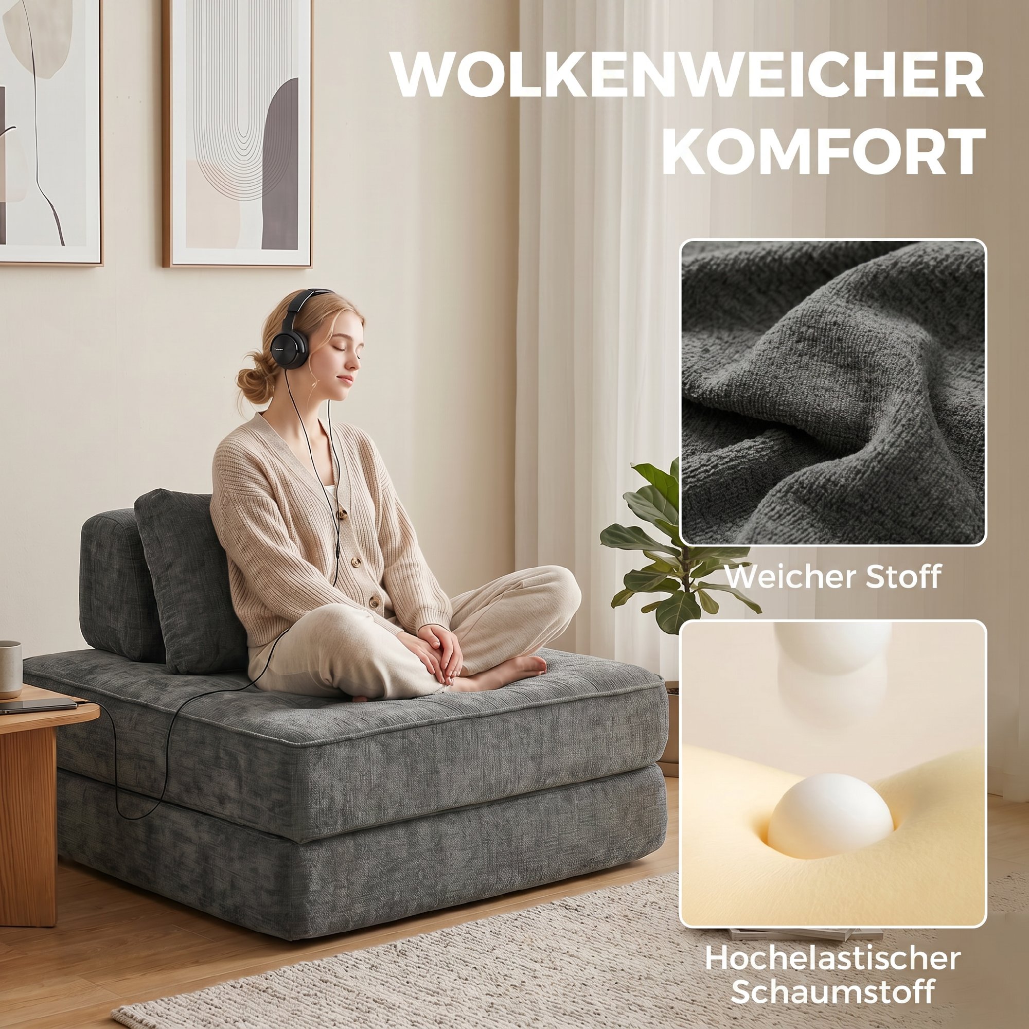2-in-1 Boneless Cloud Schlafsessel, Klappbares Chenille-Bodensessel mit Dickem Stützkissen, Grau