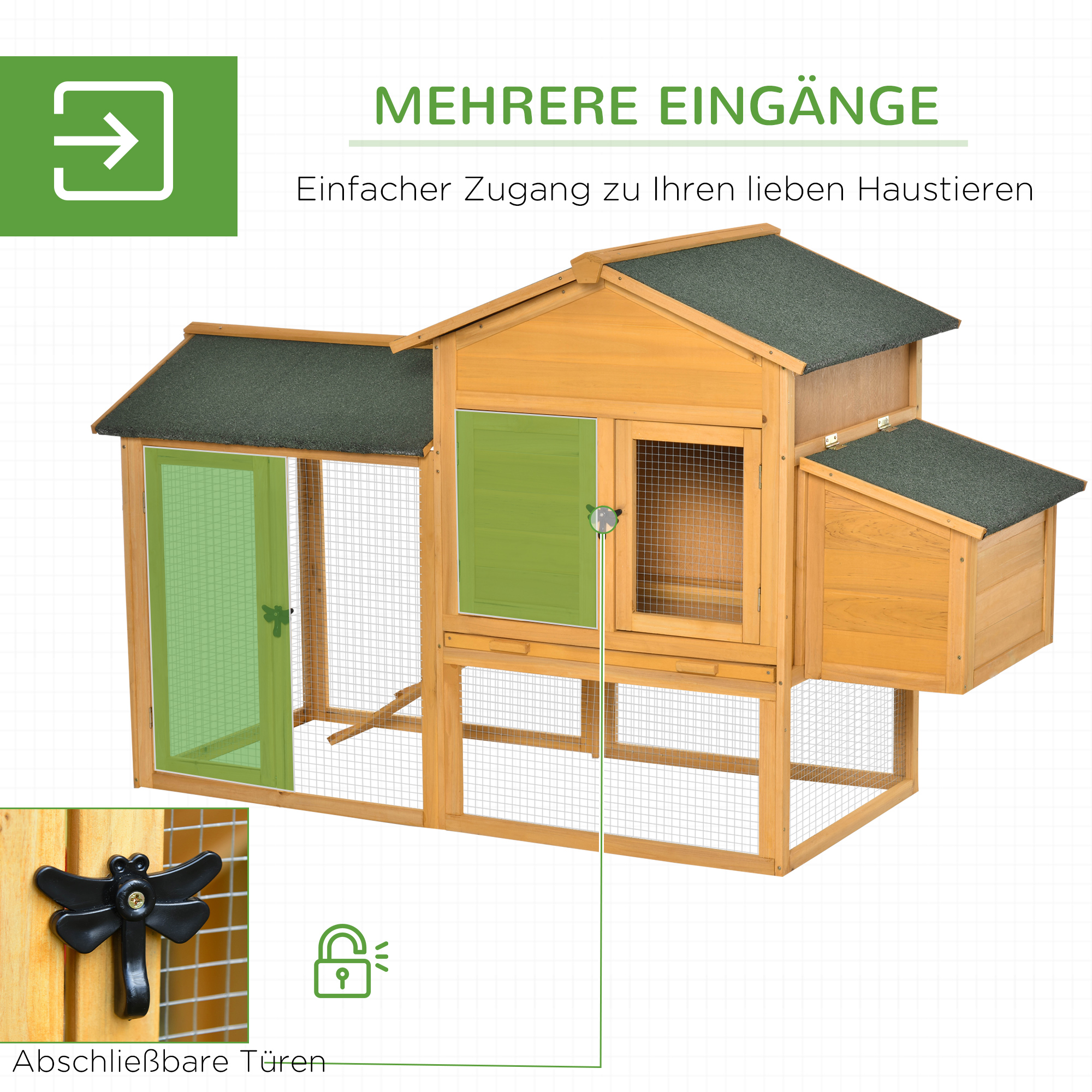 Zwerghühnerstall mit Freilauf und Brutkasten Wetterbeständig versiegeltes Tannenholz, Asphaltdach Natur + Grün