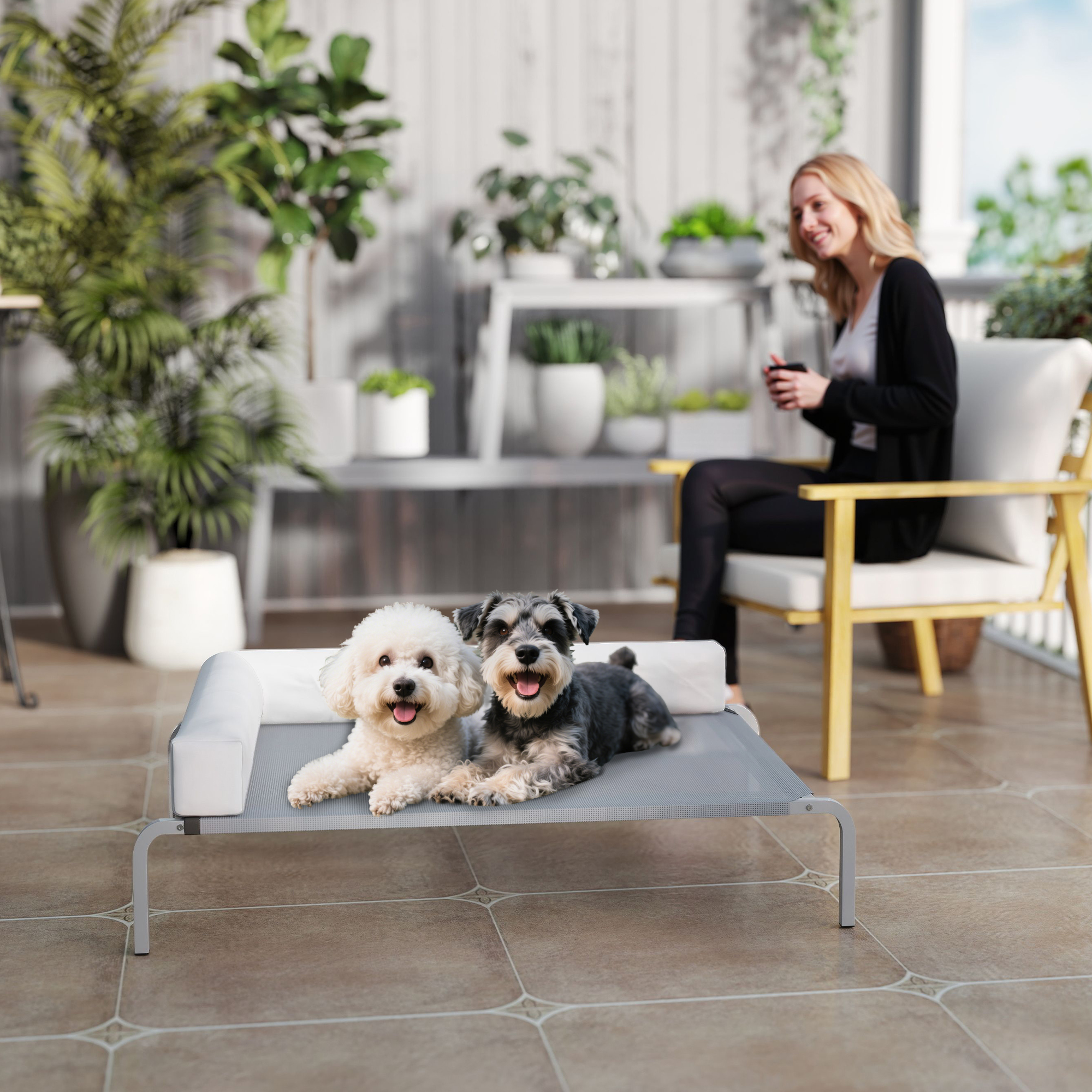 Hundeliege Outdoor, Erhöhtes Hundebett für Mittelgroße Hunde, mit L-förmige Kissen 110x75x30cm, Hellgrau