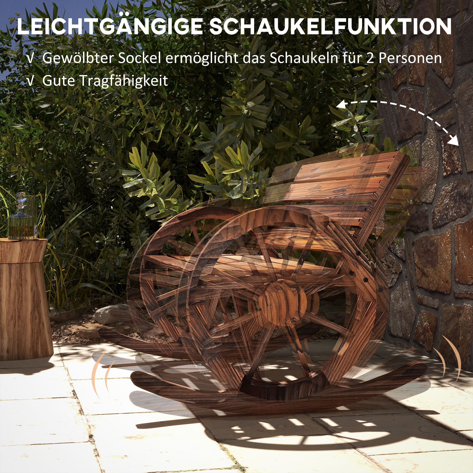 Garten-Schaukelbank, 2-Personen-Schaukel, mit radförmigen Armlehnen, für Balkon, Garten, Terrasse, carbonisiert.