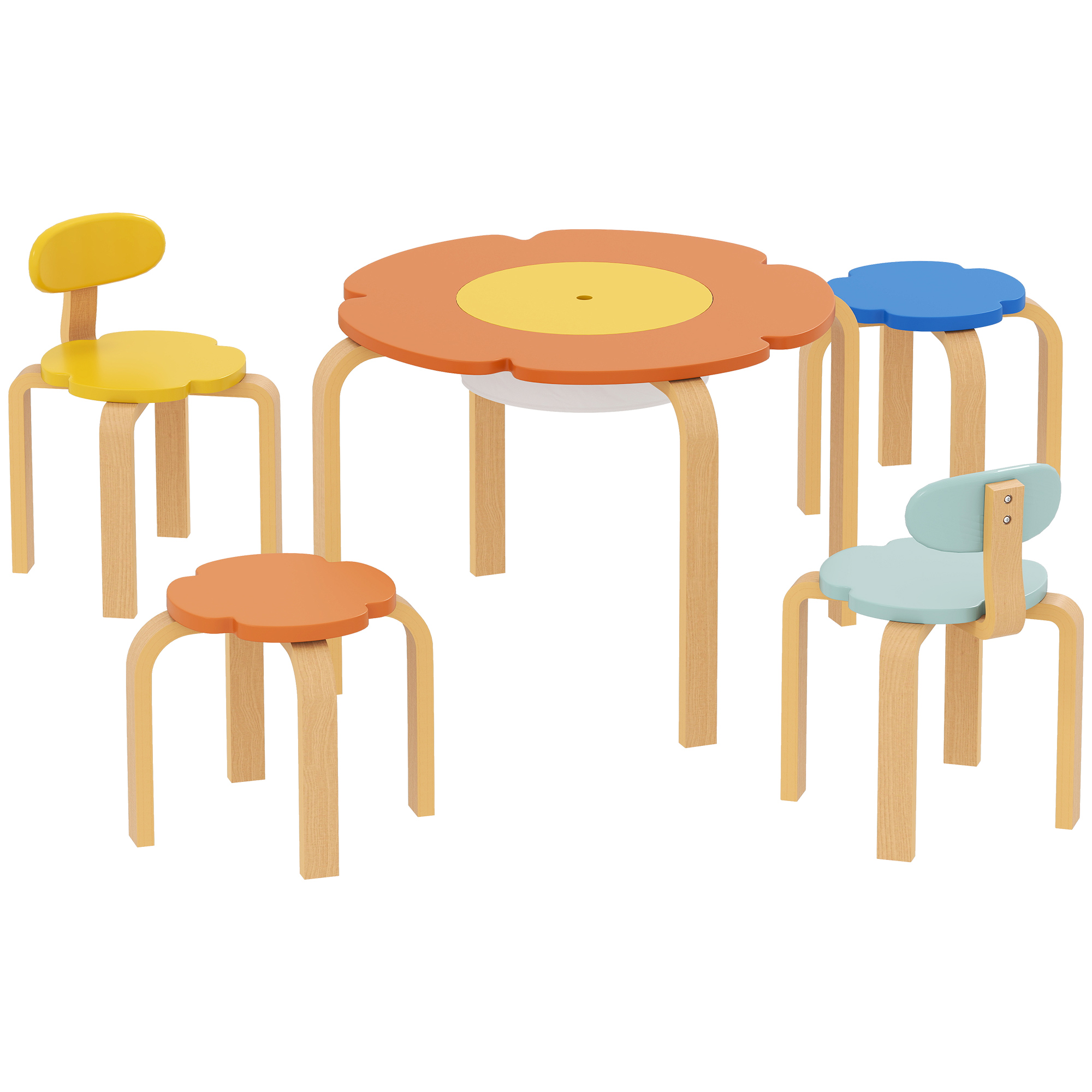 5-teiliges Kindertisch- und Stuhl-Set, mit Aufbewahrungstasche, Blumenform, für Spielzimmer, Kinderzimmer, Holz, Bunt