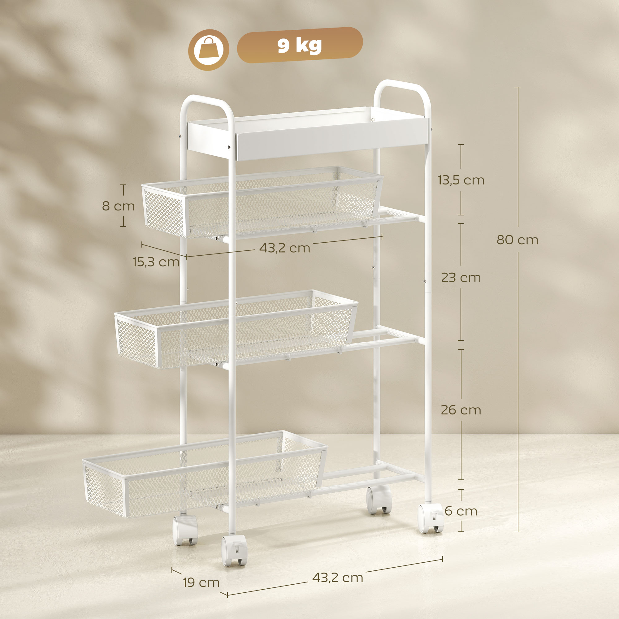 Küchenwagen aus Metall, 3 Körbe, schmales Design, 4 Räder, für Küche, Wohnzimmer, Badezimmer, Weiß