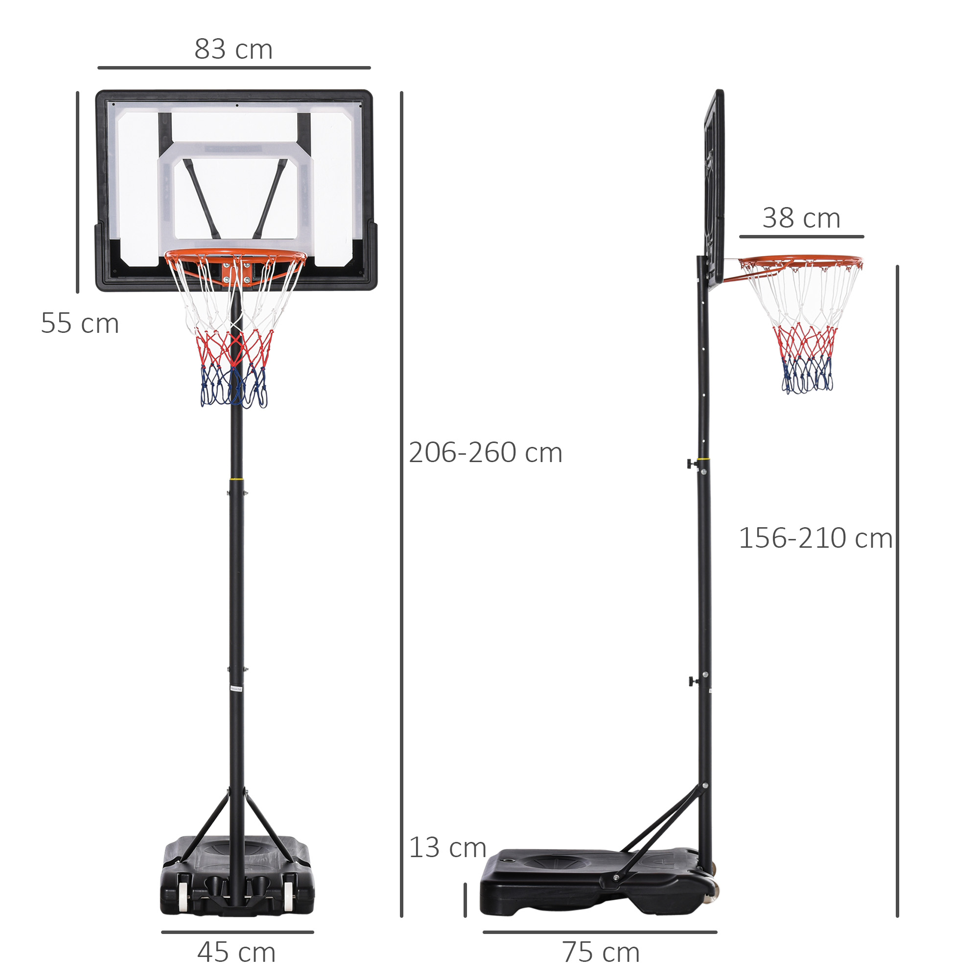 Basketballständer mit Rollen 83x55cm Rückwand, Mobiler Basketballkorb mit Ständer, verstellbare Korbhöhe 156 bis 210 cm, Basketballanlage für Jugendliche, fürs Außenbereich