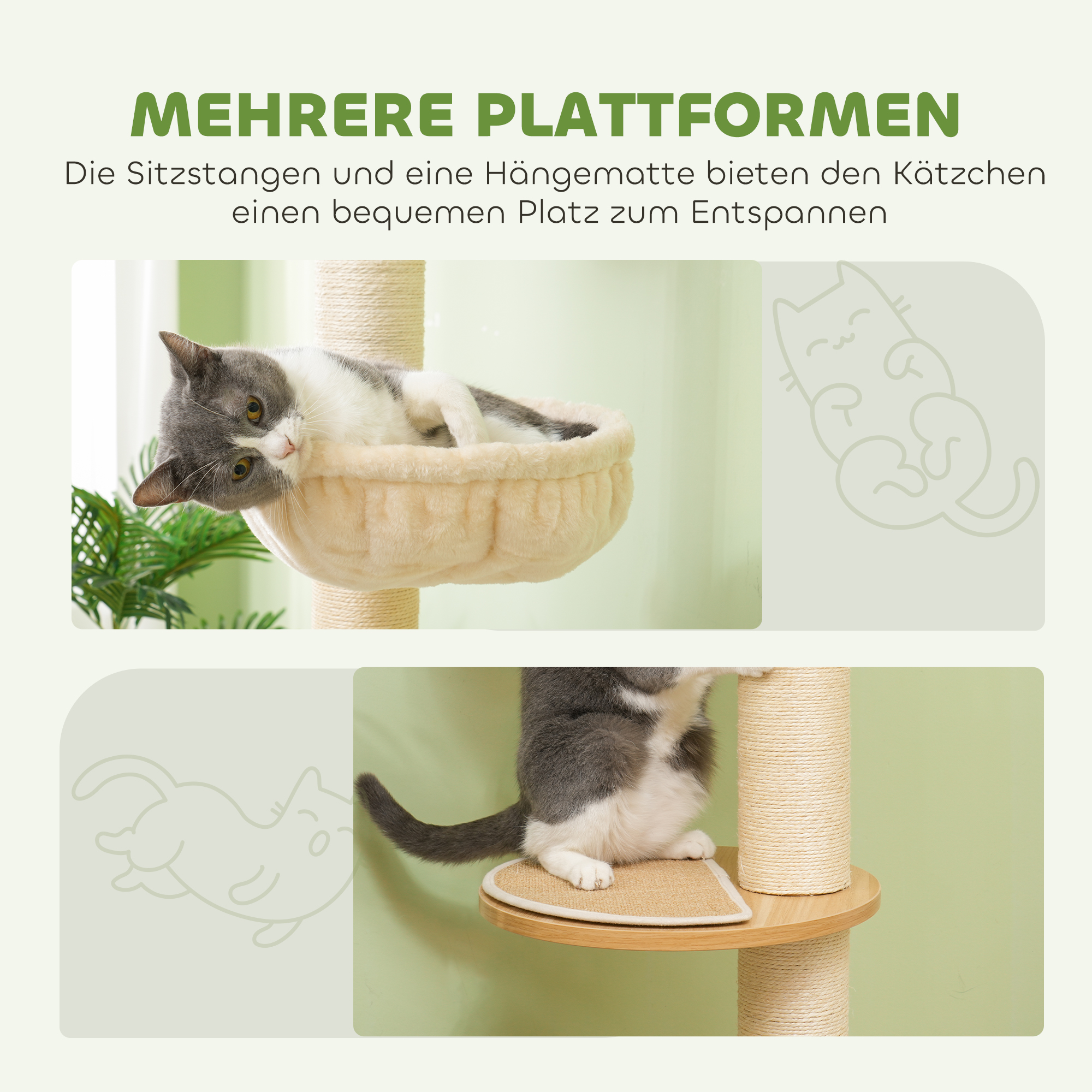Deckenhoher Kratzbaum, Anti-Kipp-Sicherung, Sisal-Seilpfosten, Holzwerkstoff, Eiche+Cremeweiß