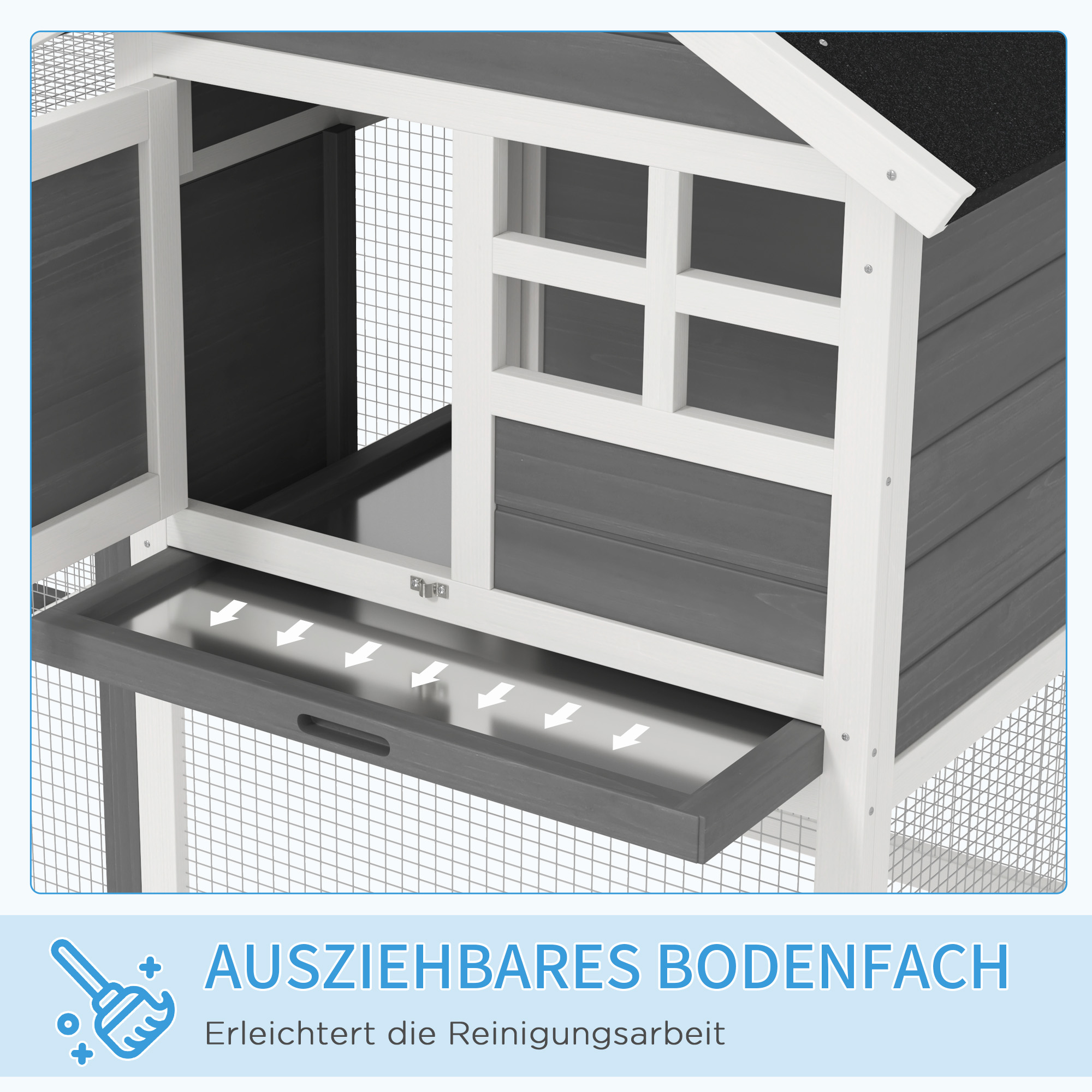 Hasenstall 2 Etagen Kaninchenstall aus Holz 123,5x62,6x92,5 cm Kaninchenkäfig mit Bitumendach Freilaufgehege Rampe Türen Herausnehmbare Bodenwanne Hasenkäfig für Kaninchen Outdoor Grau+Weiß