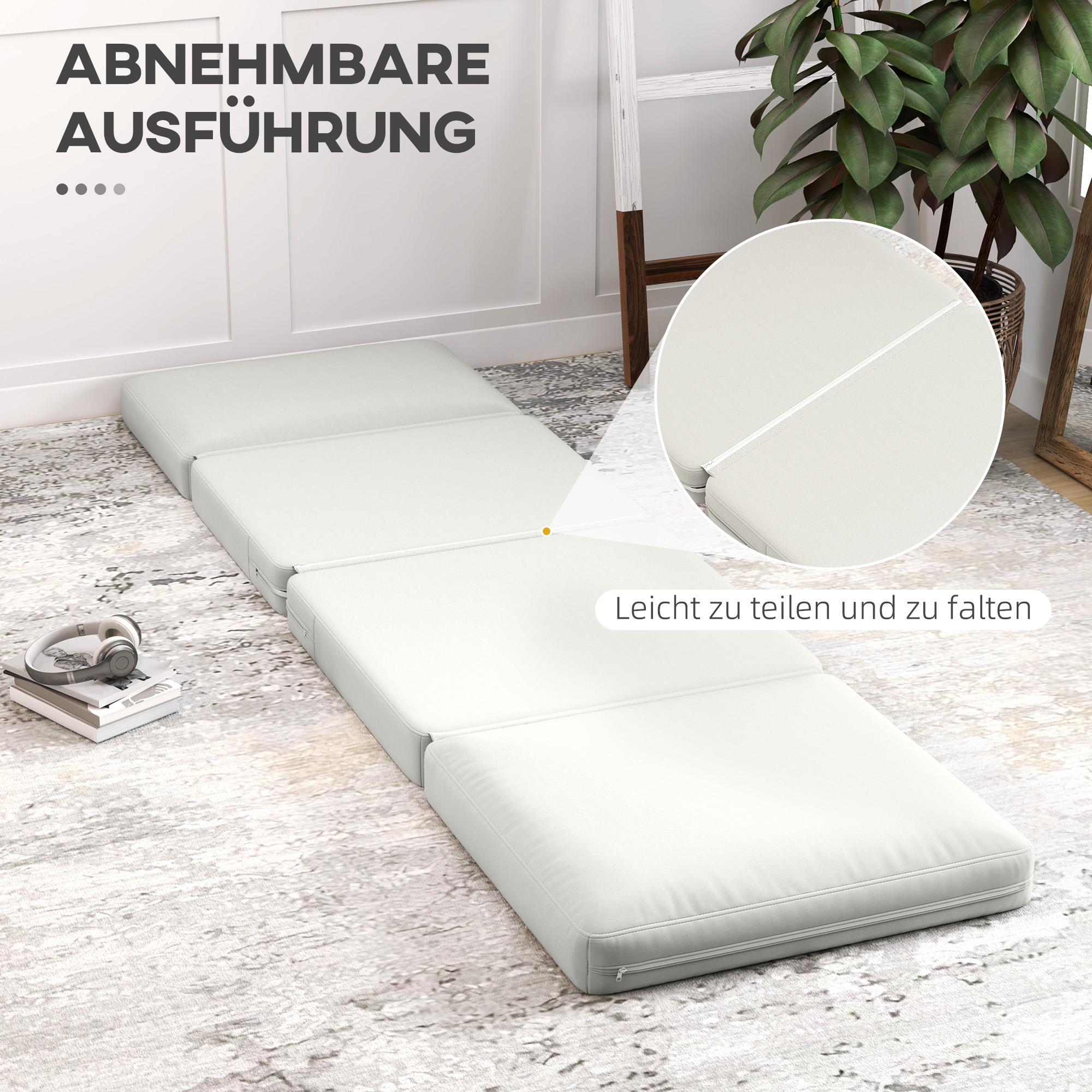 Faltbarer Bodensessel mit Kissen, wandelbares Polstersofa, Wohnzimmer, Gästezimmer, Büro, 75 x 268 x 18 cm, Cremeweiß