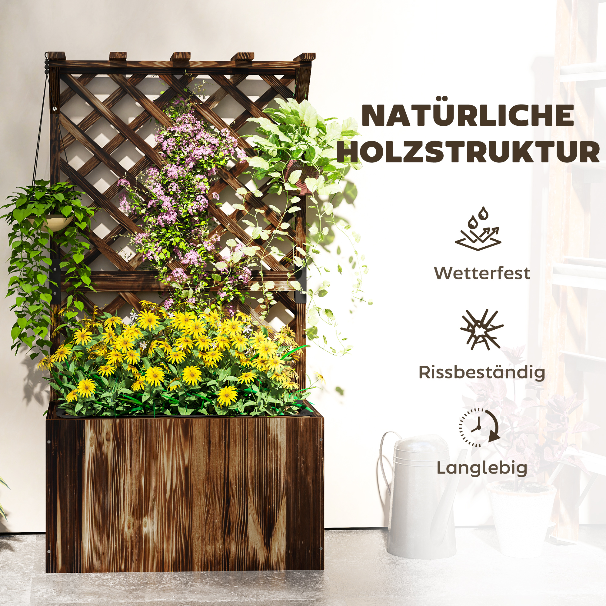 Hochbeet Pflanzkasten mit Rankgitter, Spalier Pflanzkübel Blumenkasten Holz, Gartenspalier 64 x 33 x 122cm Verkohlt