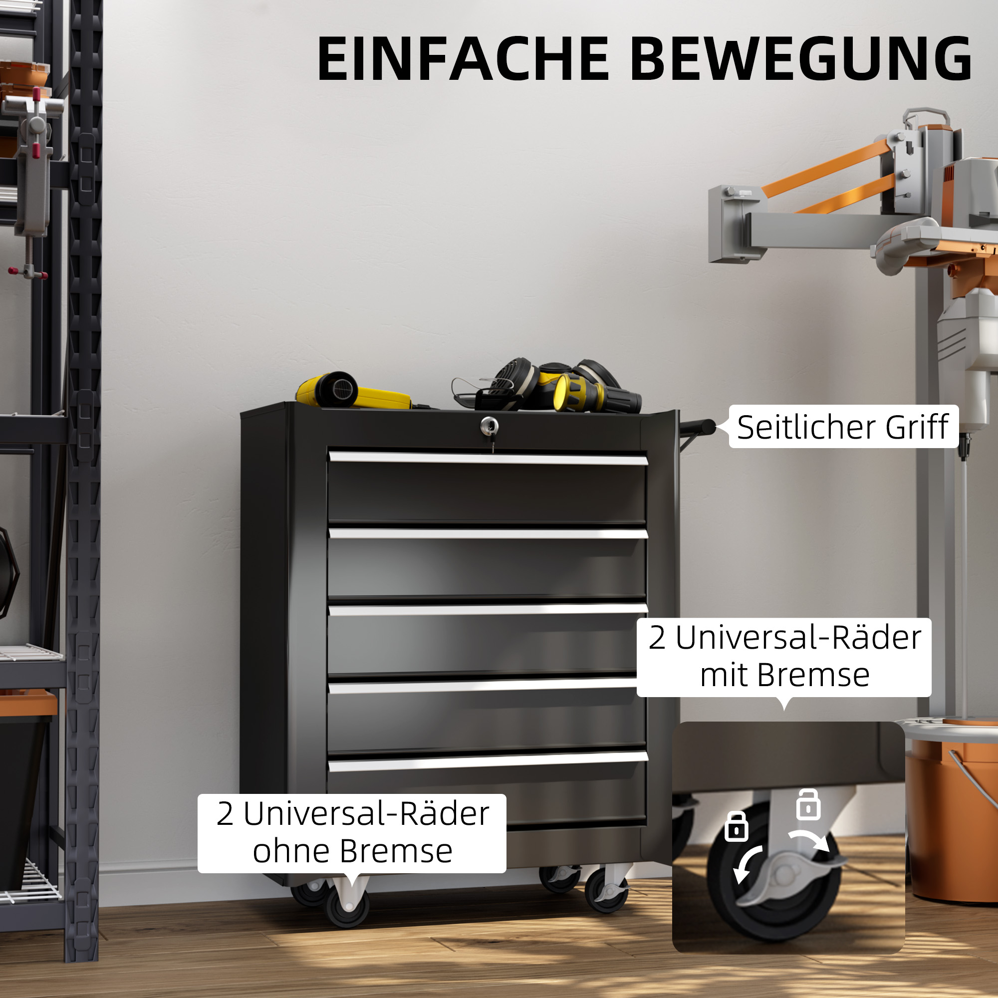 Werkzeugkiste, Werkzeugschrank, rollbar, 5 Schubladen, Stahl, Schwarz