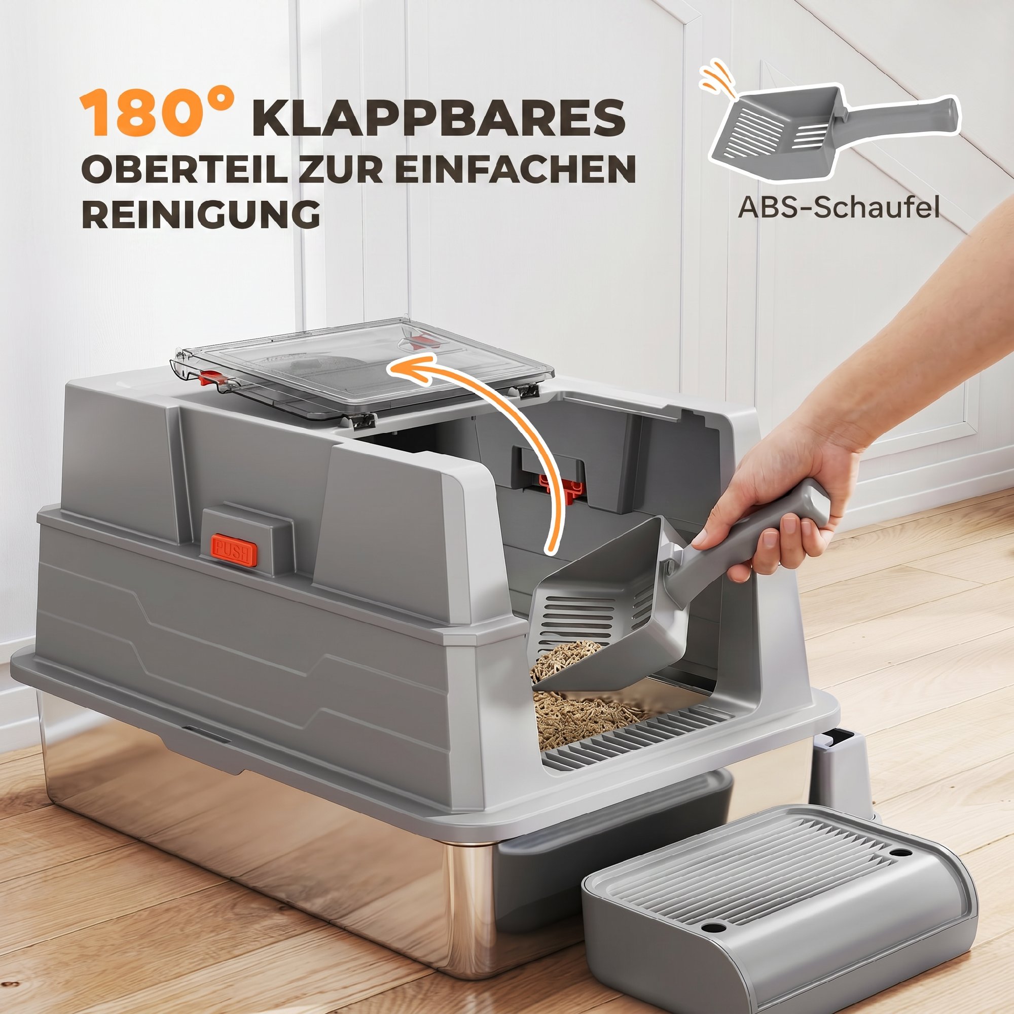 Katzenklo XXL Edelstahl Katzentoilette 130L mit 180° Klappdeckel Hohen Seitenwänden Schaufel Trittstufe 70x50x43cm Grau