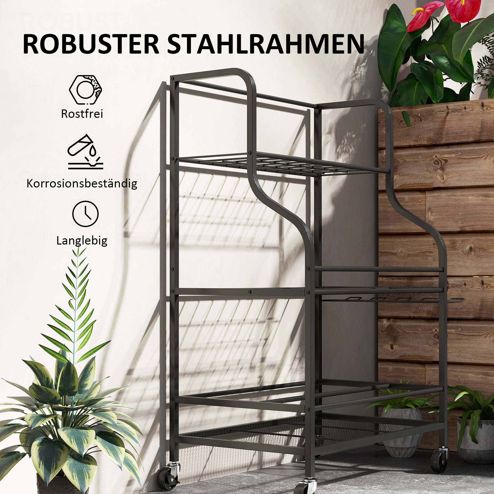 Gartenwerkzeug-Organizer 3-stufig Gartengeräte Ständer mit Haken bis 40 kg belast 77x40x97cm Schwarz