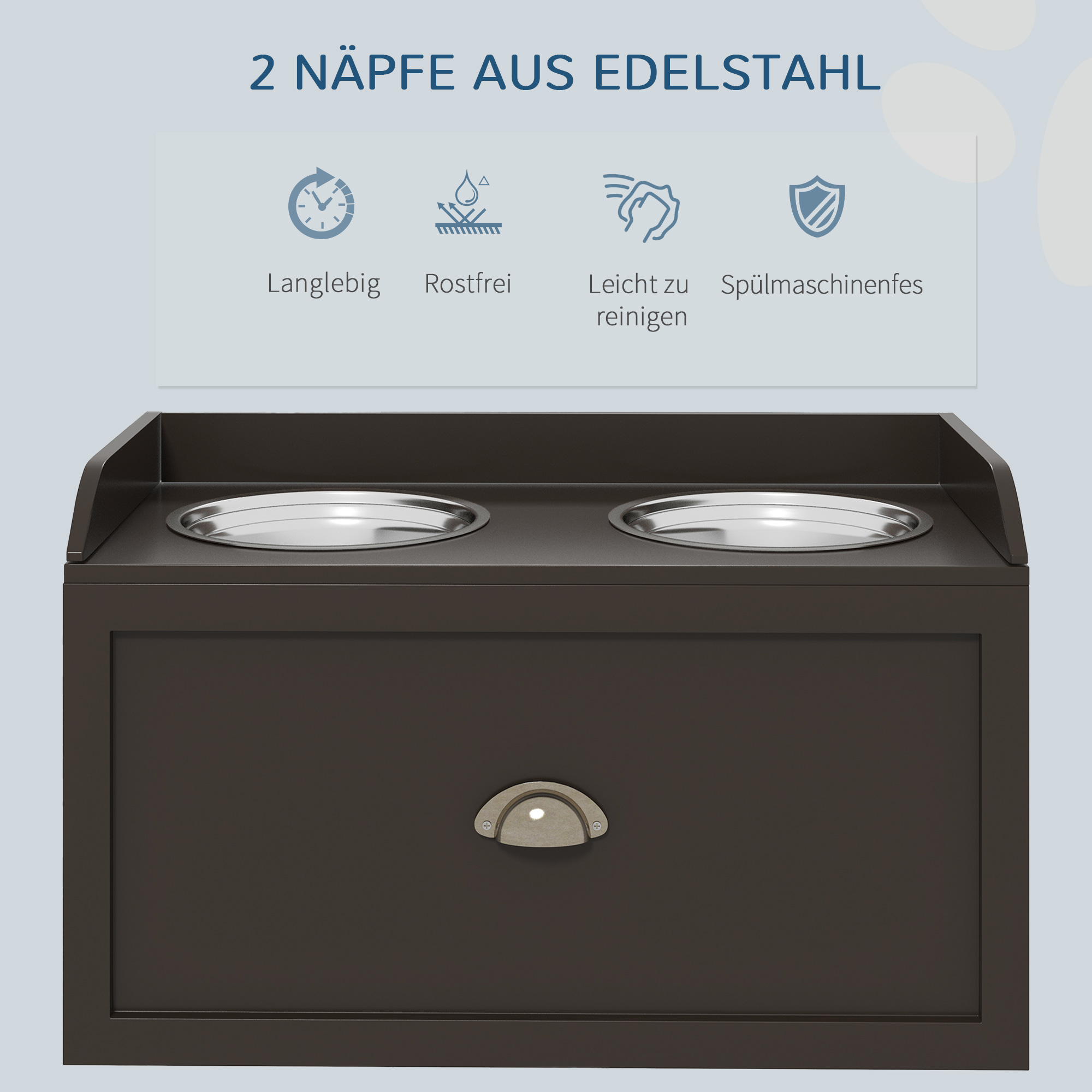 Futterstation erhöhte Fressnäpfe 2 Fressnäpfe, 2 Edelstahlschalen, 1 Stauraum, 60 x 30 x36 cm, Braun