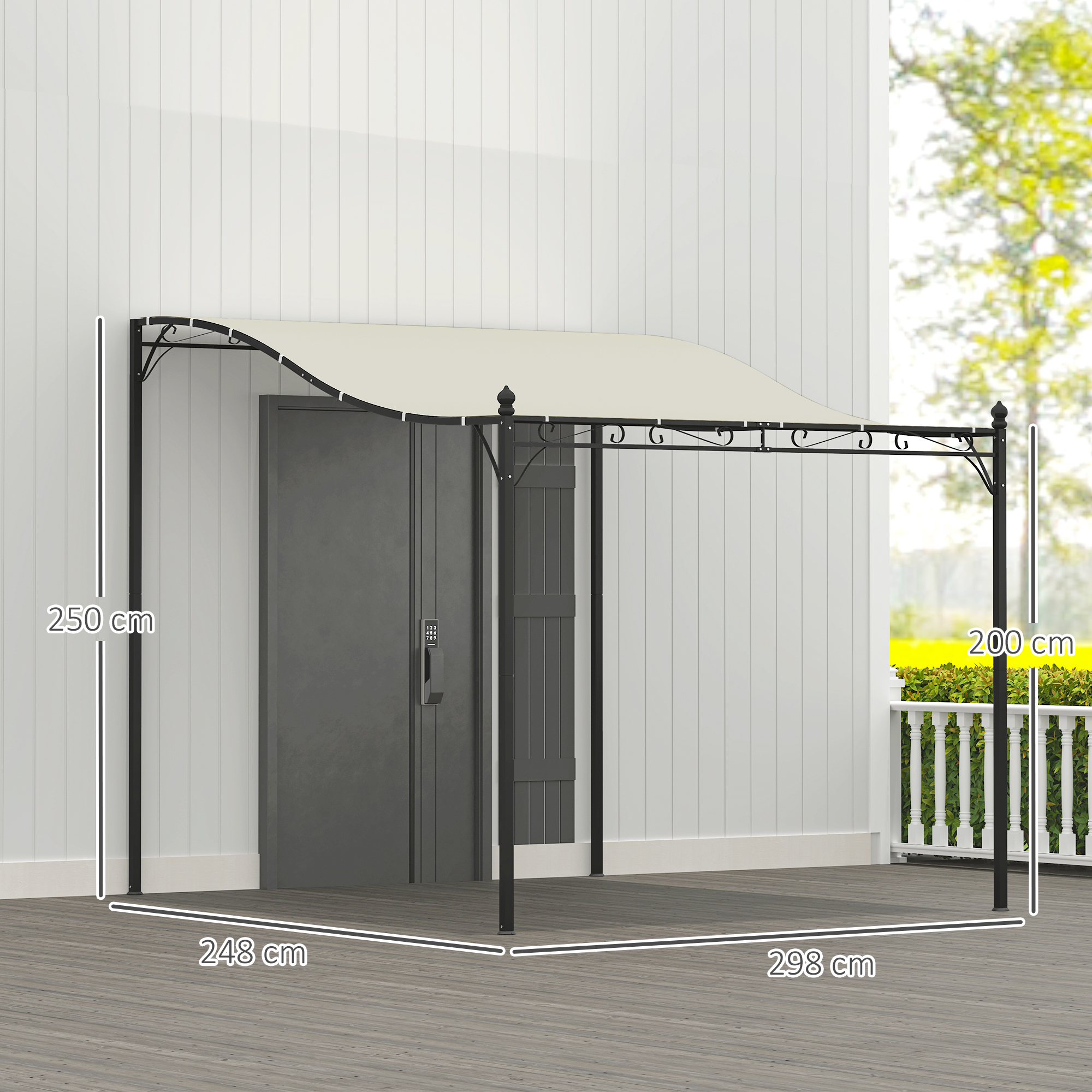 3 x 2,5 m Pergola, Wandmontierter Garten-Pavillon, wasserbeständig, Metallrahmen, Ablauflöcher, Schattendach, Cremeweiß