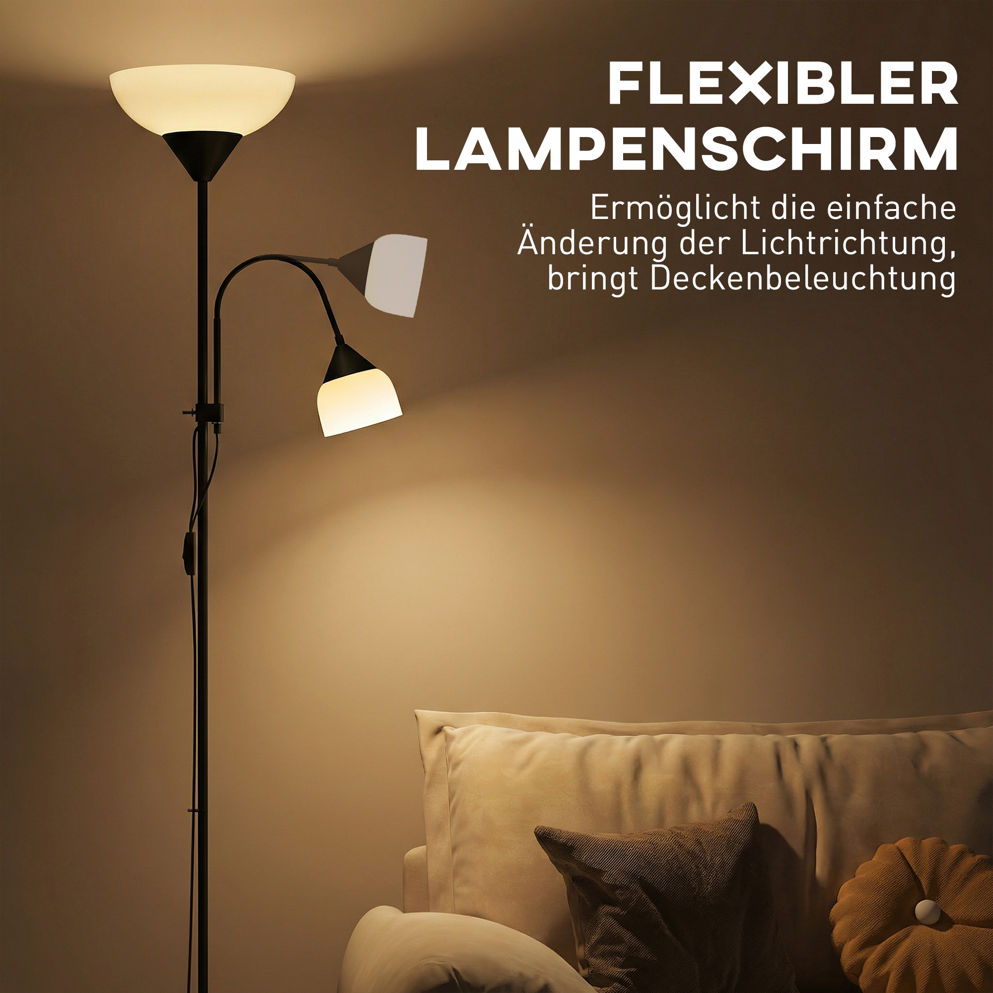 Uplighter, Mutter-und-Kind-Stehlampe, hohe Lampe mit 3 Farbtemperaturen und flexiblem Schwanenhals, Schwarz