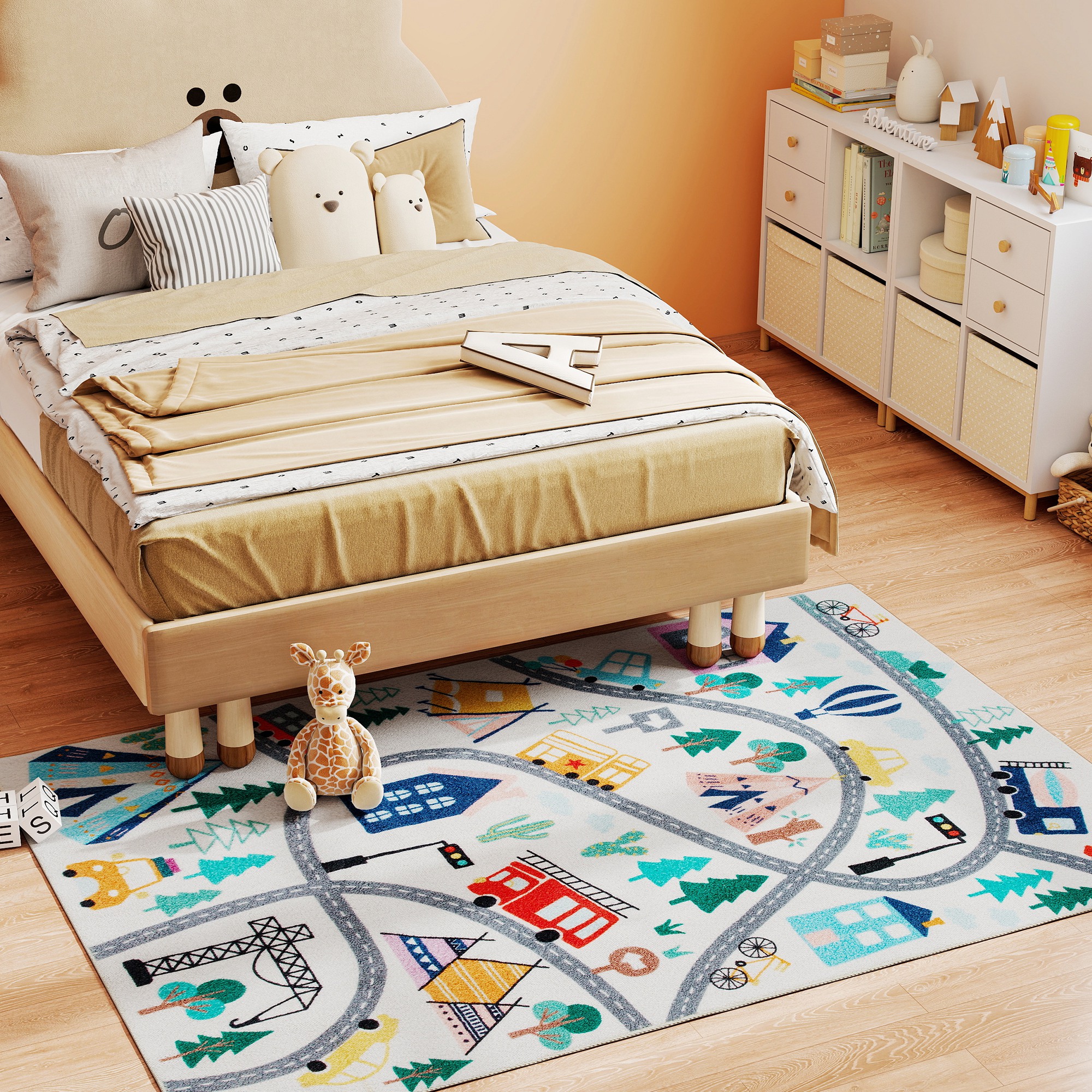 Teppich mit Autobahn-Muster, weißer Hintergrund, weiches Fleece, pflegeleicht, Bunt