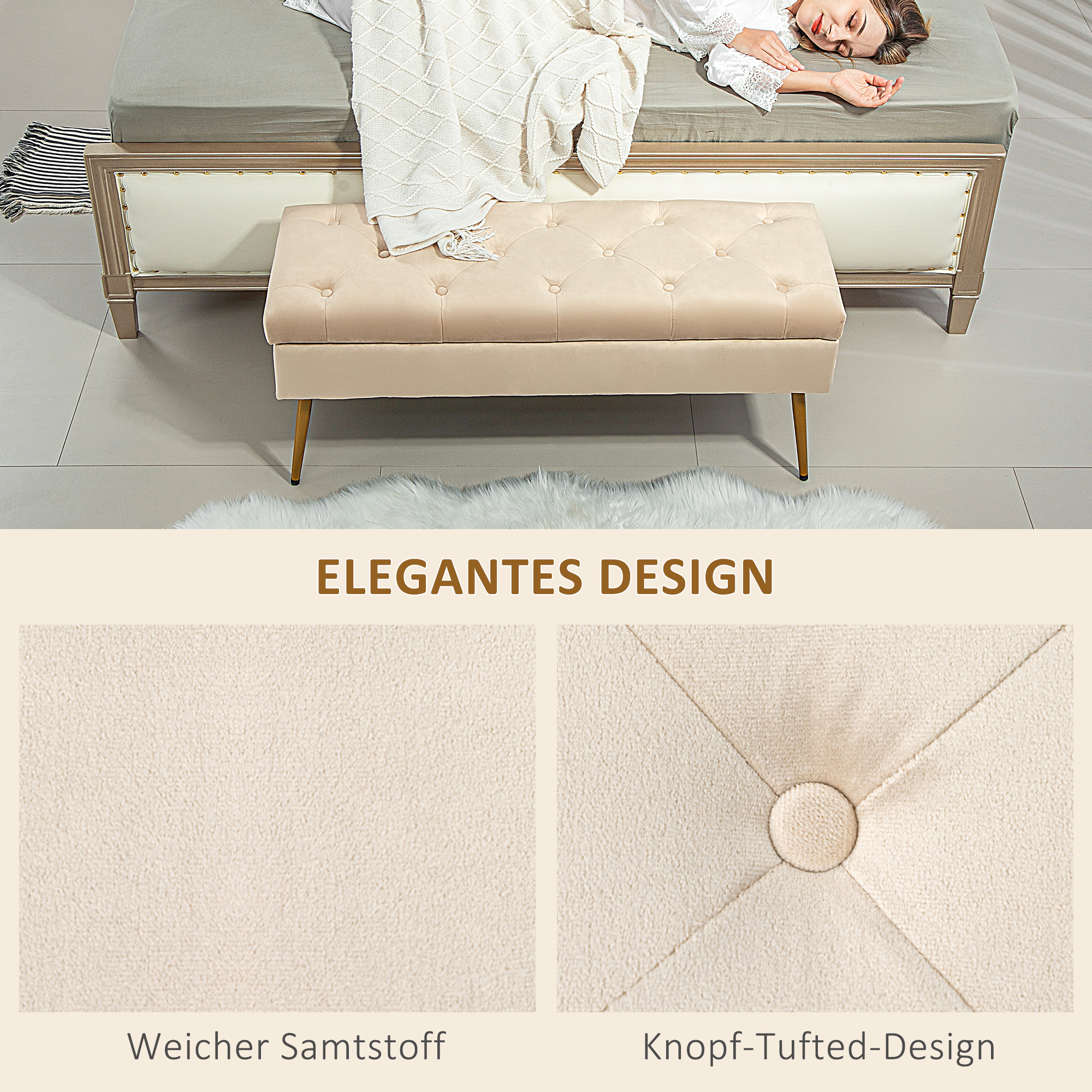 Stauraum-Sitzbank in Samtoptik, gepolsterter Fußhocker mit getuftetem Design, Metallrahmen, 102 x 35 x 43 cm, Beige