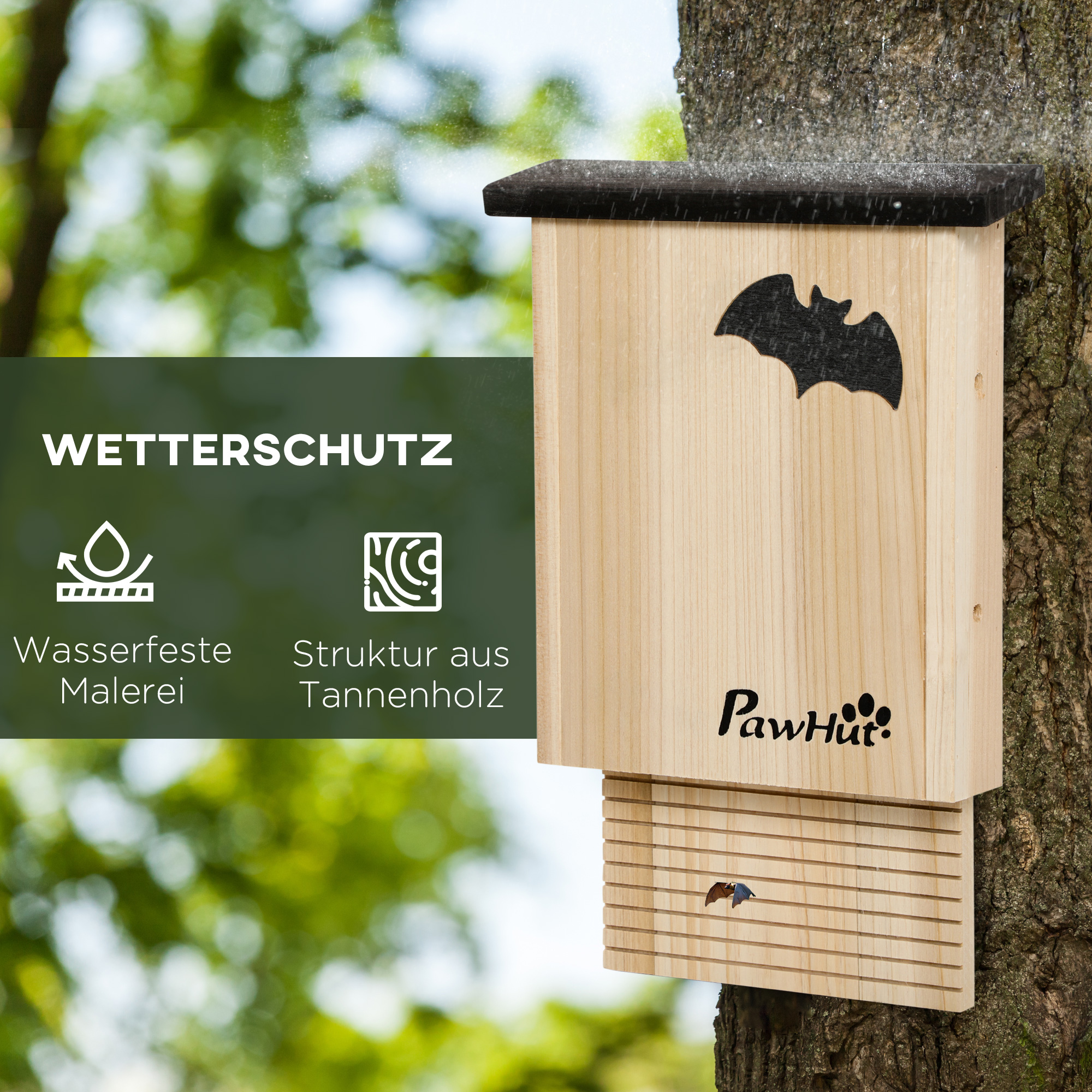 3er-Set Fledermaushaus, wetterbeständig, bis zu 3 Fledermäuse pro Haus, behandeltes Tannenholz, Natur + Schwarz