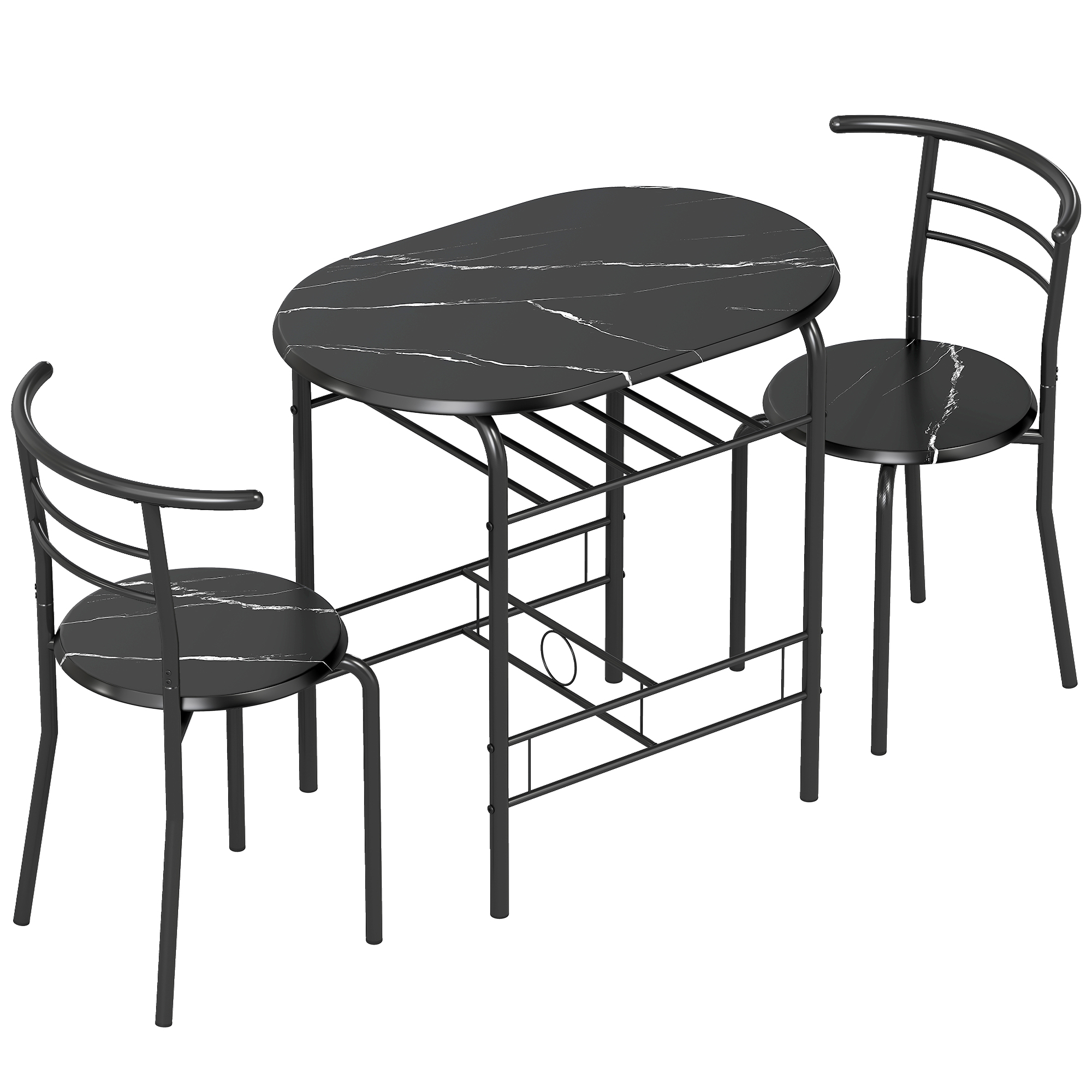 Essgruppe 3-teilig, Küchentisch und Stühle für 2 Personen mit Regal, Wohnzimmer, schwarze Marmor-Optik