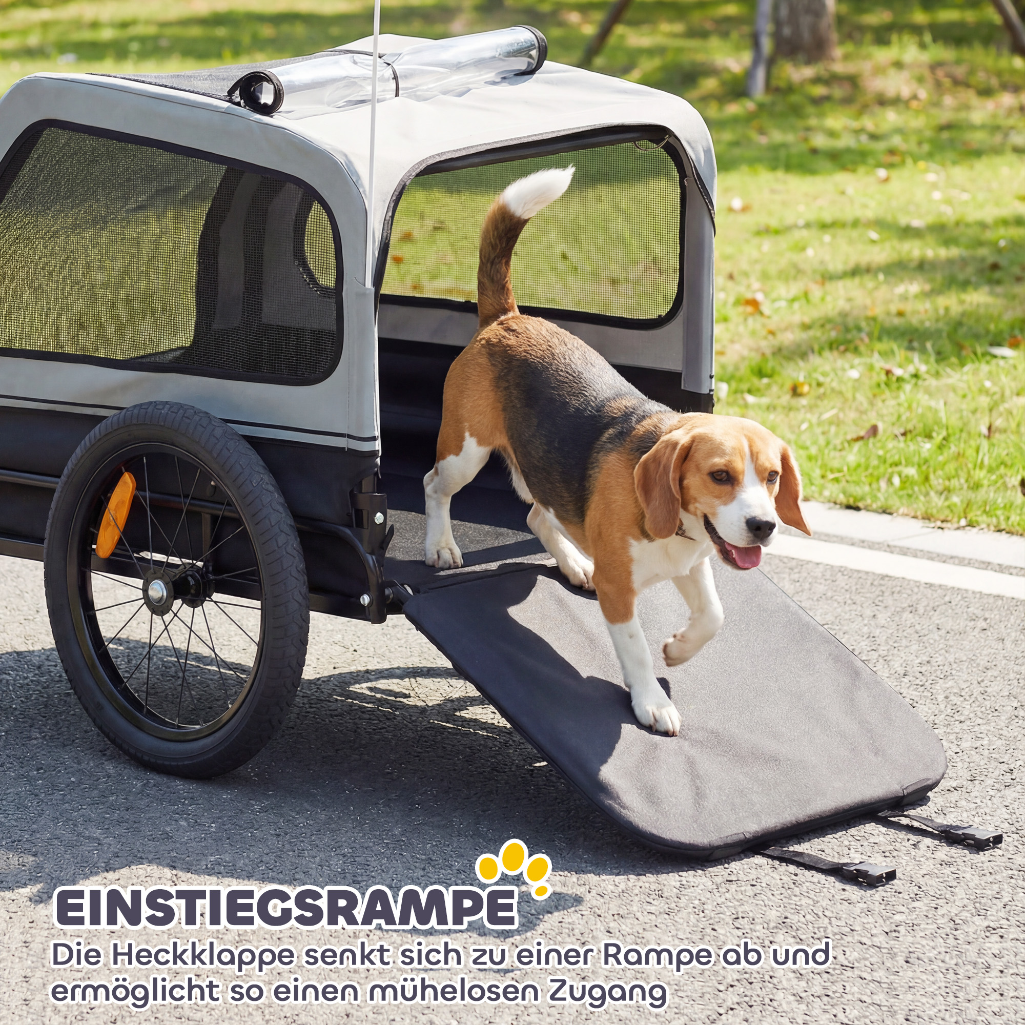 faltbarer Fahrradanhänger für mittelgroße Hunde bis 20kg mit herunterklappbare Rampe Reflektoren Leine Flagge Grau