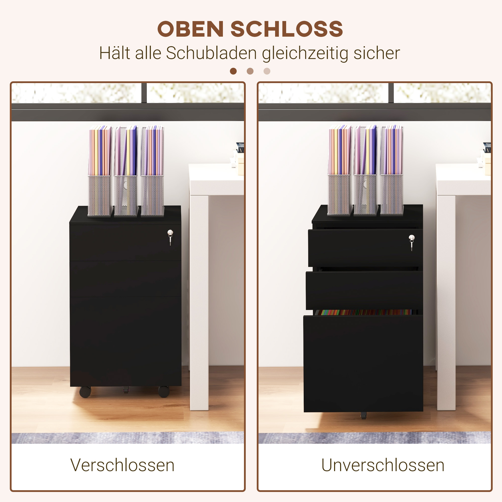 Rollcontainer Aktenschrank, 3 Schubladen, abschließbar, rollbar, 37 cm x 43,5 cm x 60 cm, Schwarz